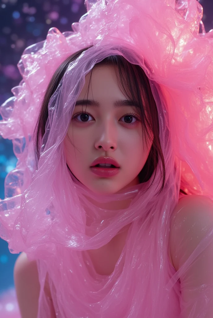 Top Quality, Masterpiece, High Resolution, 8k, wide objective, full body shot, (((skinny cute girl, barely legal, age 14), (oversized silky see-through silky jacket with plunging Neckline, off-shoulder, short sleeves), mediumperky breasts, extremely detailed face, detailed eyes, thin eyebrow, detailed lips, no makeup, long slick ponytail side shaved hair, small hips, (in a spaceship, on a bed), dim light, dramatic and neon colors, futuristic setting, intricate details, at night, random pose, random neon colors))