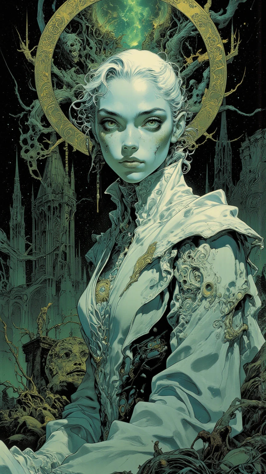 create a scene that depicts a modern-day witch who has embraced the world of cybernetics to enhance her magical abilities. The artwork should convey the enchanting blend of traditional witchcraft and futuristic technology. Here are some specific elements to include: The Witch's Lair: The setting should be a cozy yet slightly eerie room, filled with magical books, crystal balls, potion ingredients, and antique furnishings. The room should be dimly lit by candles and a soft, mystical glow emanating from her cybernetic enhancements. The Cyborg Witch: The central focus of the artwork is the witch herself. She's a striking figure with a mix of traditional witch attire and cybernetic enhancements. Her clothing should have a witchy, occult aesthetic, with flowing robes, a pointed hat, and an intricate pentagram necklace. Her arms, however, have been upgraded with cybernetic components that incorporate magical symbols and glowing runes. Magical Interface: The witch is in the midst of casting a spell, with a holographic, touch-screen interface floating before her. This interface includes spell incantations, arcane symbols, and digital components, demonstrating her fusion of magic and technology. Spell Ingredients: On a nearby table, there should be a collection of spell ingredients, like herbs, potions, and magical artifacts. Some of these items may have been modified with cybernetic enhancements, blurring the line between the natural and the technological. Familiar: The witch's familiar, perhaps a cat or raven, should be present in the scene, serving as her magical companion. The familiar could also have subtle cybernetic enhancements or glowing eyes. Glowing Runes: The room should be adorned with ancient symbols and glowing runes on the walls and floor, contributing to the magical atmosphere. Aetherial Lighting: Use a combination of mystical, ethereal lighting and cybernetic glows to create a captivating interplay of light and shadow. The contrast between the tradit
