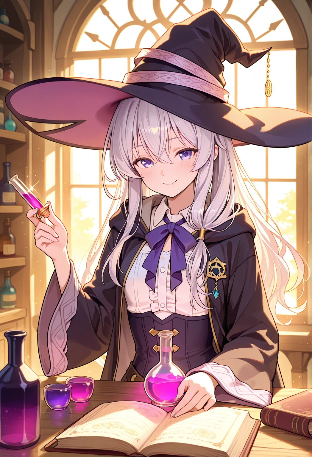 Potion Making:
"Our adorable witch, with her twinkling eyes and mischievous smile, mixes vibrant potions in her cauldron, surrounded by shelves of sparkling ingredients and glowing bottles."
