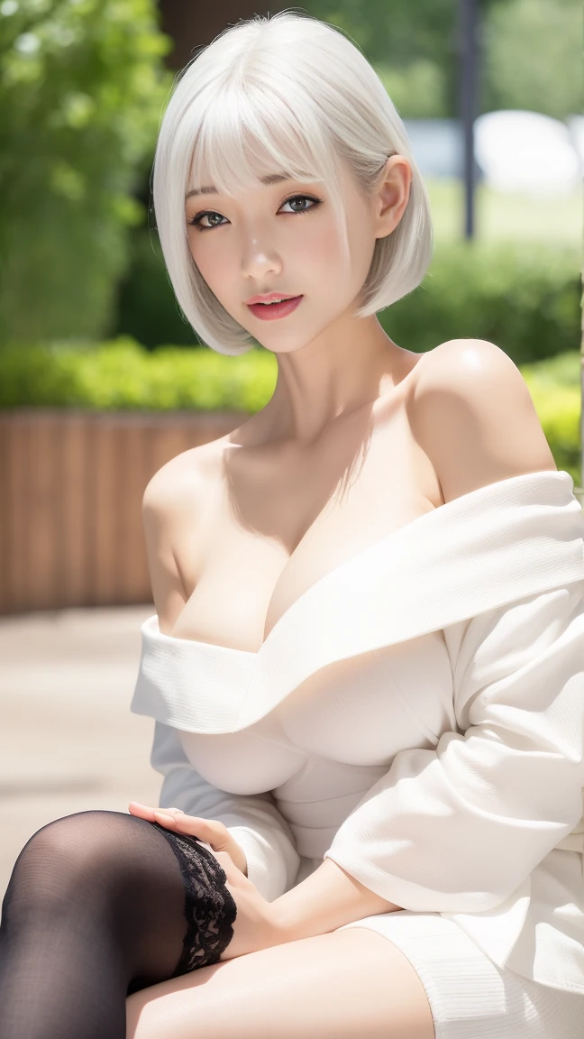 attractive woman no bra with slender body, white hair, short wavy hair, dynamic pose, facing at camera, light smile, parted lips, beautiful saggy breasts, cleavage, fluffy off-shoulder thin robe, medium long shot 1:3, natural soft lighting, summer in background private Japanese Zen garden