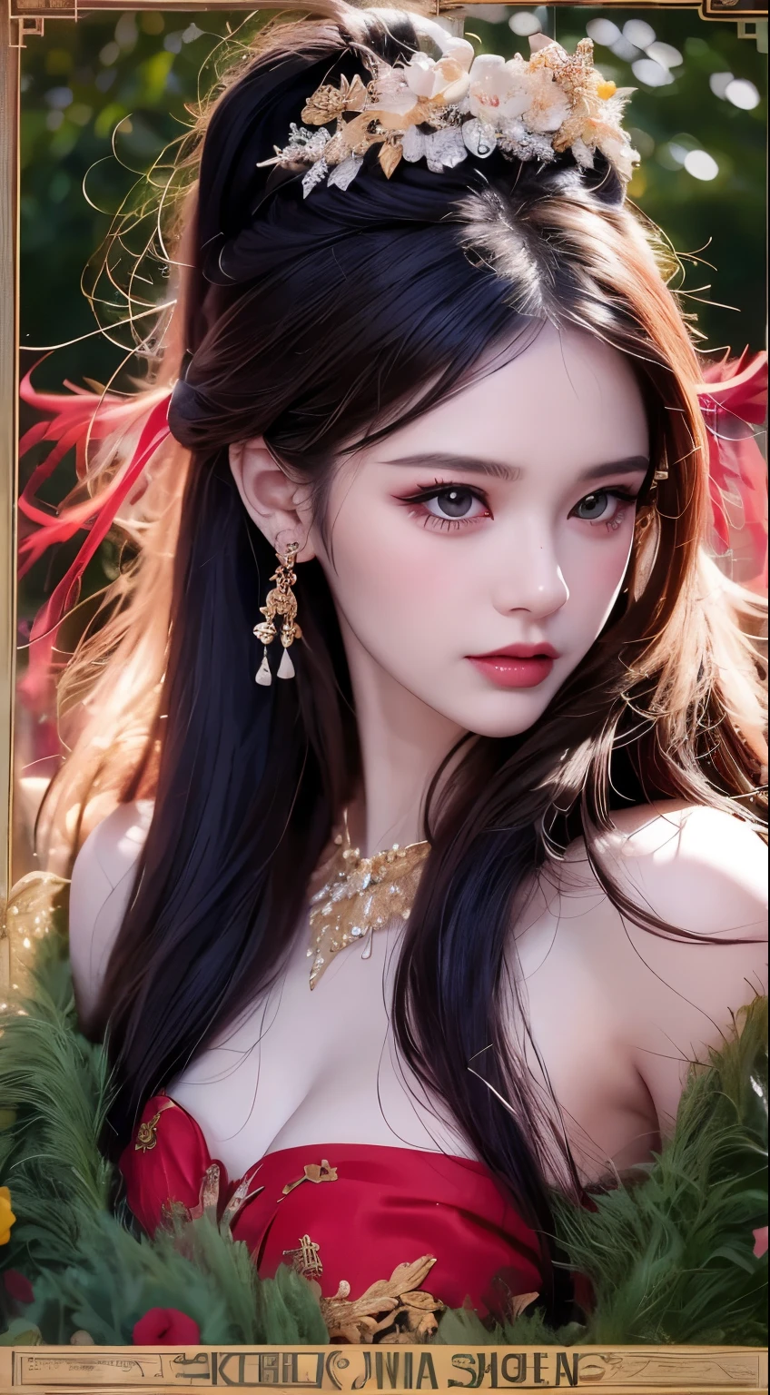 1 beautiful devil woman from hell, In the Dark: 1.6), surreal female portrait by David Hockney and Alphonse Mucha, fantasy art, korea doll, photorealism, dynamic lighting, artstation, poster, volumetric lighting, very detailed faces, 8k ultra, Awarded, in the dark, deep shadow, low key, cowboy lens, (Red phoenix dress: 1.4), long hair, black hair, bust, luxurious palace, Royal style, devil crown, red eyes make up very sharp and detailed, The most beautiful face, The breasts are very big and round and round, Super realistic, chinese women's clothing, polo neck sweater, Charming smile, The eyes are very well made up, guweiz, devil style, wearing black mesh socks, Ponytail with a bow tied at the back of the hair, pink lips, wearing a thin red and black robe, Hands pull the straps to reveal sexy breasts, the landscape is overcast and thunderous, (upper body portrait), Close-up of the main character, (Background details 1.8),HDR, UHD, 8kquality, detailed pixel,
