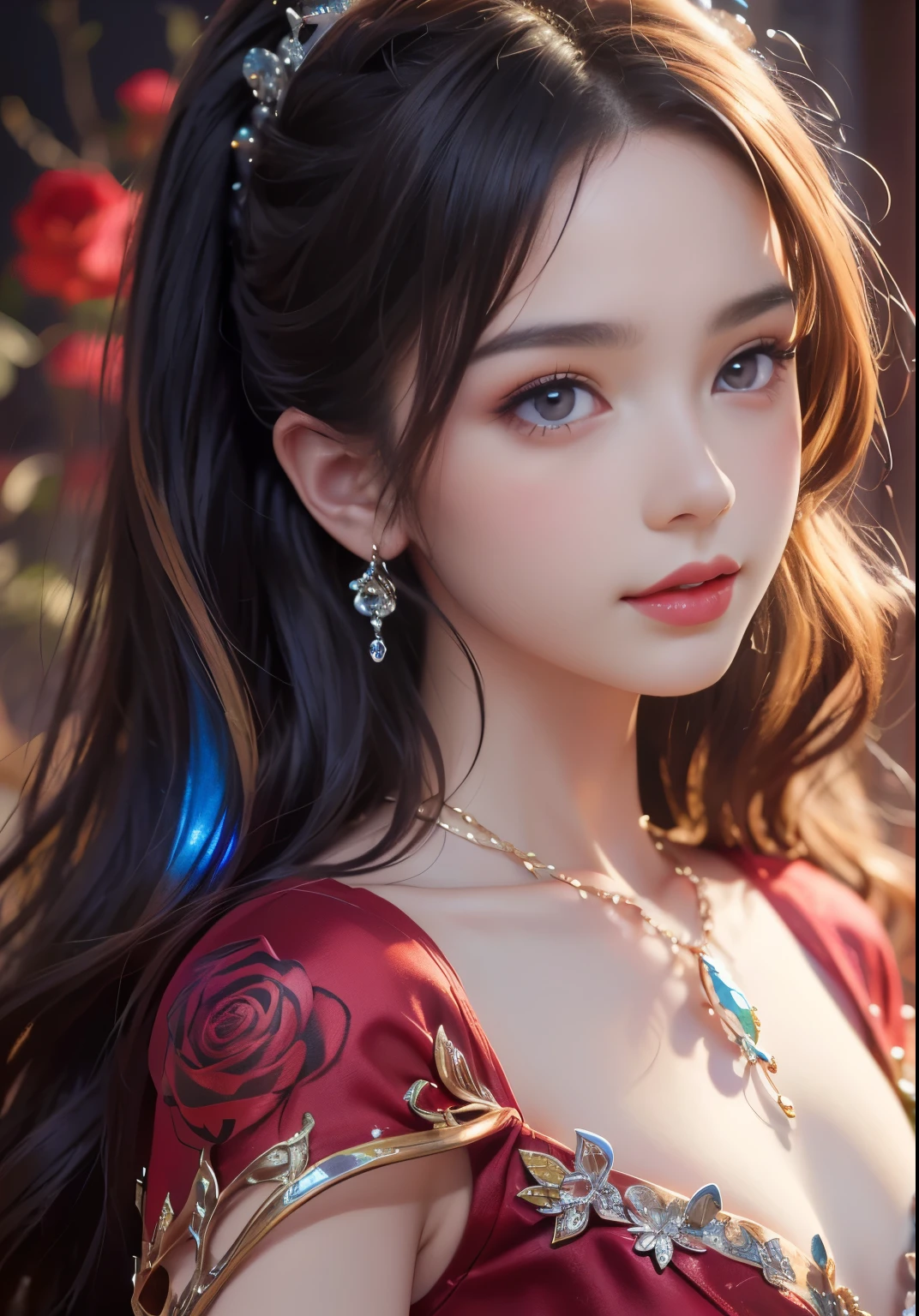 (( solo)),Official art,Face Focus,((a small face:1.5)),Looking at Viewer,((Costumes in Greek mythology)),18year old,One Beautiful Girl, Swarovski Red Silk Dress, Iridescent long ponytail,Curling hair on the head,Mesh Hair Color, ((bangss:1.8)),Swarovski crown, ear jewelry, Gorgeous and rich necklace, Dark purple eyes, Detailed makeup, Red Lip,((A smile:0.8)), closes mouth, eye line,eyeshadows,blusher, (cleavage of the breast:1.37), a large bust, Slim waist, Greek Art Textures, Colorful and realistic colors, RAW Photos, Realistic Photos, ultra-quality,8k wallpaper,extreme light and shadows, (Fantasy Light:1.37), (tangled:1.37), Perfect Anatomy,ultradetailed eyes,A detailed face,Detailed limbs , ((Rose background)),Upper body photo、Angle photo:1.2,Red Theme