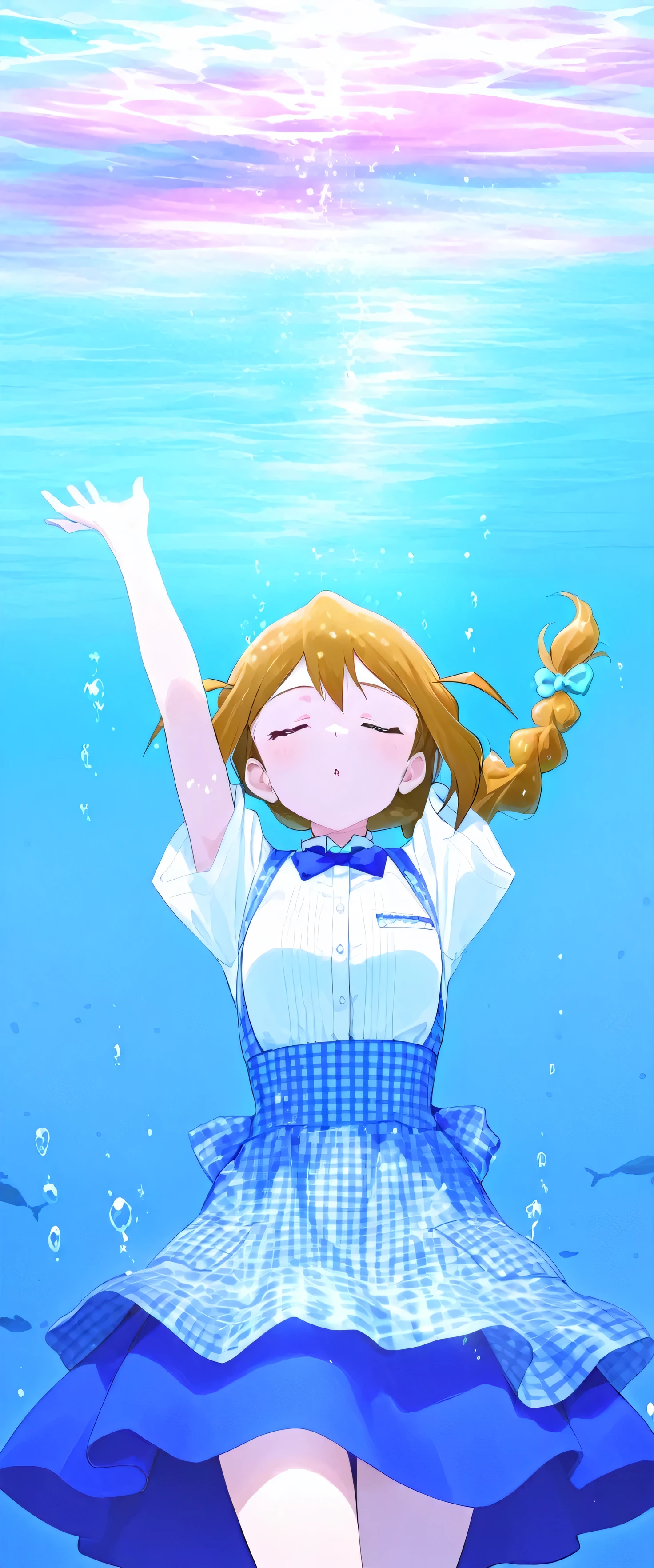 1girl ,Baba Konomi,The Idolmaster Million Live,masterpiece,Please redeem,Ultra-high resolution,rich contrast,Very high quality,8k,Highly detailed CG unit wallpaper,Texture,So ridiculous,RAW Photos,Highest quality anime,anime-style illustration,studio anime style,professional photograph,an extremely delicate and beautiful,Depth of written boundary 1.2,(beautiful girl:1.3), single braid,hotel bed,(((In the underwater room she is drifting))),(A huge rainbow candy:1.5),kobeya uniform,blue bow, blue bowtie, white shirt, short sleeves, blue skirt, Blue apron, gingham apron, employee uniform, high-waist skirt,Glowing Skin,Beautiful glossy lips,(underwater room illuminated by pink lights),watereffects,creating splashes,(with closed eyes),0__11Xx_illu