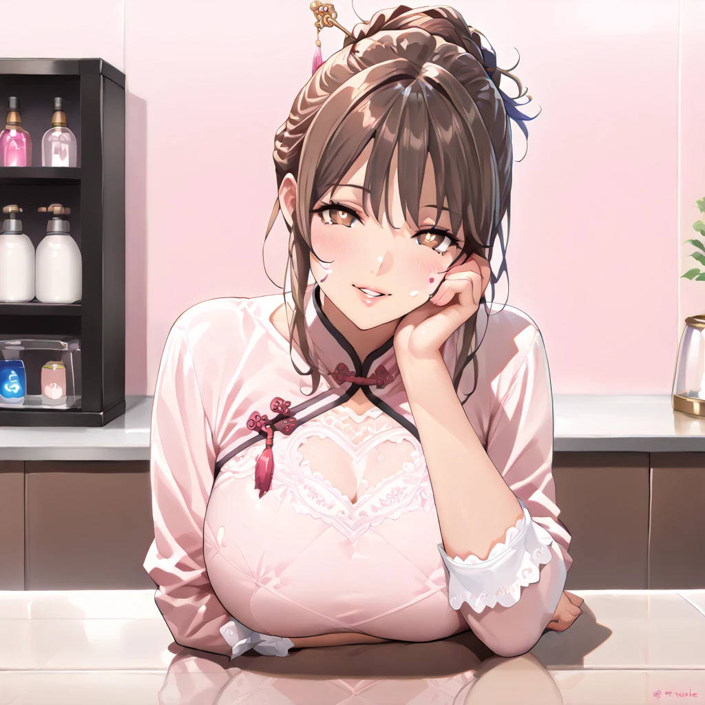 masterpiece, best quality, highly detailed, high resolution, expensive resolution, high resolution, 4K, 8k, uniform 8k wallpaper, highly detailed CG, masterpiece, 2D, 3D, beautiful details, depth, fine texture, best quality: 1.3, perfectly focused, crispy. skin, him, very cute anime girl, Her name is Mei, idol, brown double hair buns wearing expensive, mole under eye, looking at the viewer, cowboy short, expensive, blush, mole, plump lips, heart, pink eyes, heart shaped choker