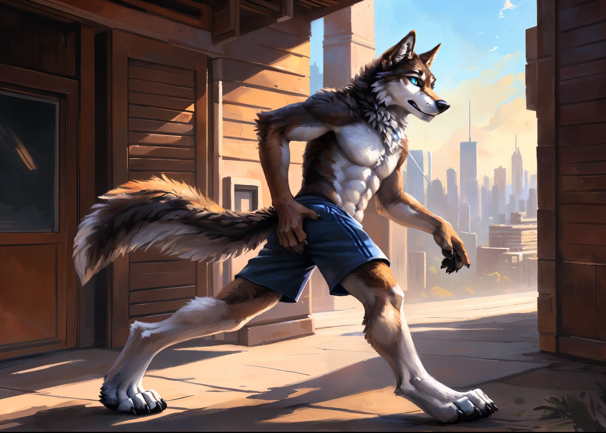 ((Solo)), male people, anthro wolf, (Multi-colored fur, White-brown:1.3,White tail pointed), (Height 2.1m,Tail length 1.2m), ((Wolf face, Big eyes, White eyelids, Blue pupil, Slim:1.2) (Tough, Calm expression:1.2)), Abs, Slim, pinging)), (Correct anatomy), (Work shorts:1.1), The upper body naked, (detailed outfits),A long big tail,Feet,(Realistic fur, Detailed fur texture, labeled:1.3)), (Natural lighting), Photorealistic, Hyperrealistic, ultradetailed, by Kenket,Modern city,erect through,Running on
