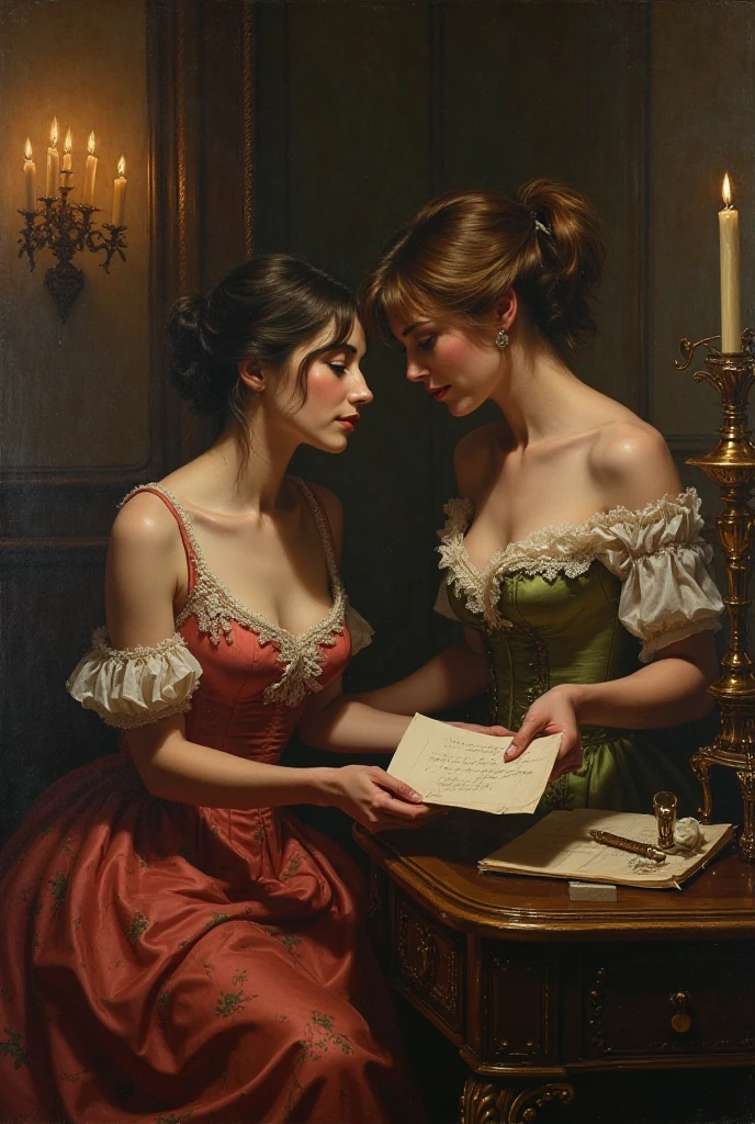 A painting of an aristocratic man sitting at his desk and talking to the A provocative and sensual portrait of a nude woman in a desperate, submissive pose. [Character Description] A 20 year old caucasian woman with an alluring figure, (((pretty breasts))), long wavy, kinky jet black ponytail hair, black stockings, is on all fours in a vulnerable, desperate expression. He is showing her something on the table with one finger. She sits near him, holding her hands behind her head. A romantic scene in the Rococo style, in the style of Jean-Baptiste Béraud, oil painting, fine art, in the Baroque style
