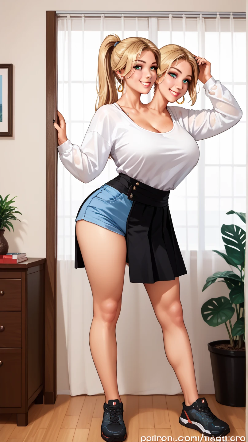 Beautiful woman with mid straight blond hair with blue eyes wearing Tight Jeans Skirt With Leather Belt, White Mid Sleeves Shirt, luxurious jewelry and luxurious necklace, rimless glasses, high heel boots, standing in her living room at night, (caucasian skin), (light brown lipstick), (elegant mascara), (slim body with abs), (small breasts), (wide hips), midjourney, <lora:GoodHands-, <lora:GoodLegs-, UHD, high resolution, (masterpiece:1.9, best quality), (expressive eyes, perfect face, full body, expressive face, perfect body, perfect pussy, athletic, fit, slim body, blushing, Perfect makeup, eyeliner, beautiful eyelashes, smiling, horny face), ((best illumination, best shadows)), ((sexy pose))