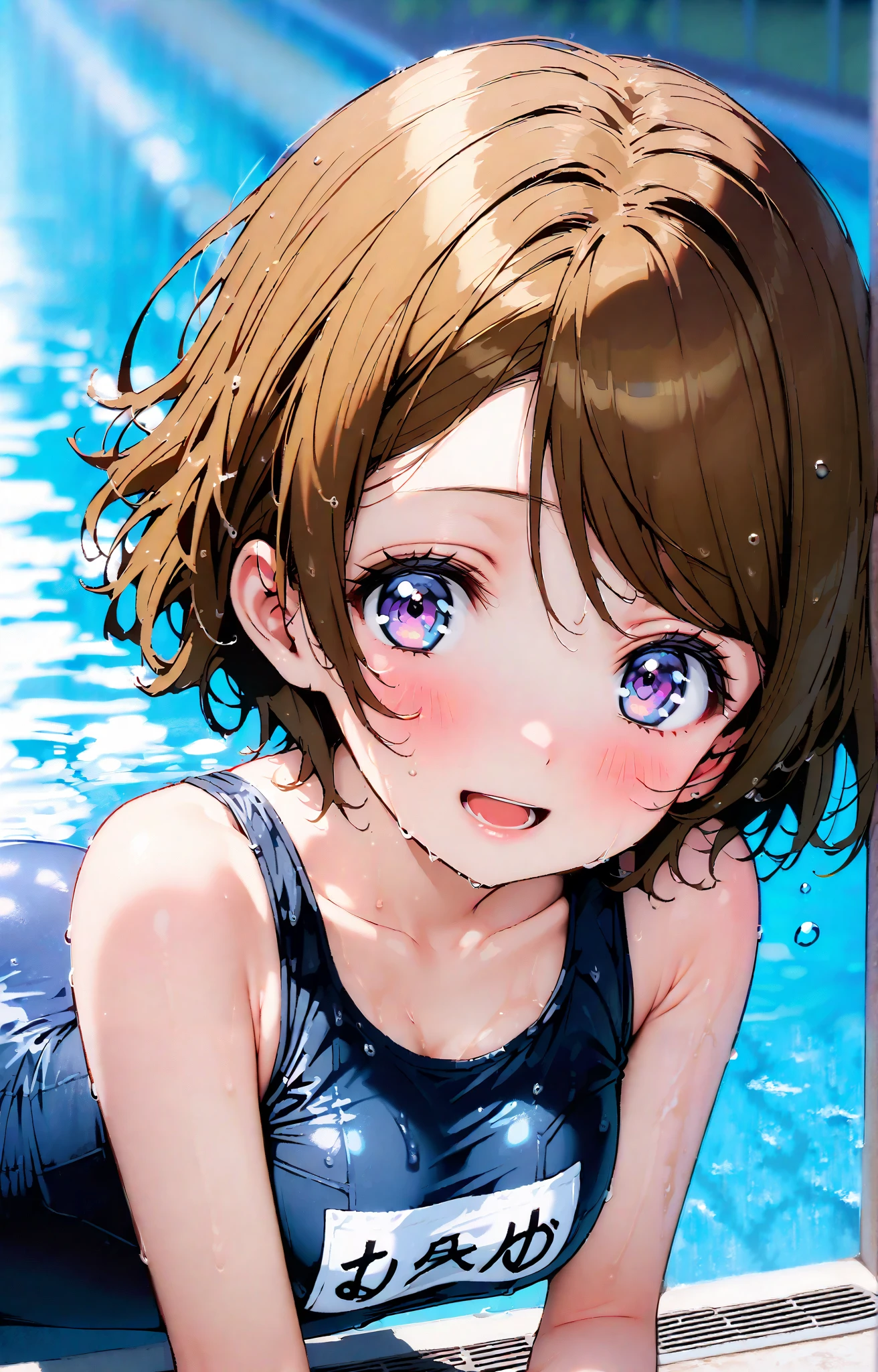 Hanayo Koizumi, short hair, brown hair, purple eyes,smile,blushes,open their mouths,old school swimsuit, school swimsuit, blue one-piece swimsuit, one-piece swimsuit, name tag, swimsuit, Belly button cover, wet swimsuit, collarbone,, poolside, pool, Splash,wet skin,wet hair,Submersion,noon,full bodyがイラストに入るように,break outdoors, 学校 pool,
break looking at viewer,full body,
break (masterpiece:1.2),top quality , kampala, Unity 8K Wallpaper ,(shape:0.8),( fine, beautiful eyes :1.6),It's a person ,full body写真,CG Details , (perfect hands with full nudity,complete anatomy),
