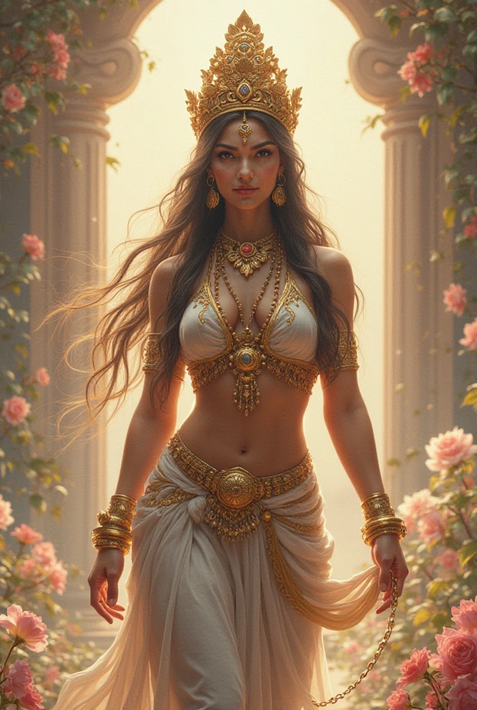 a beautiful hindu goddess, detailed face HD, piercing eyes, full lips, long flowing white sari, holding a trishul, a majestic lion nearby, intricate jewelry, glowing ethereal aura, highly detailed, photorealistic, dramatic lighting, vibrant colors, ornate background, digital art HD 8k quality beautiful face HD quality