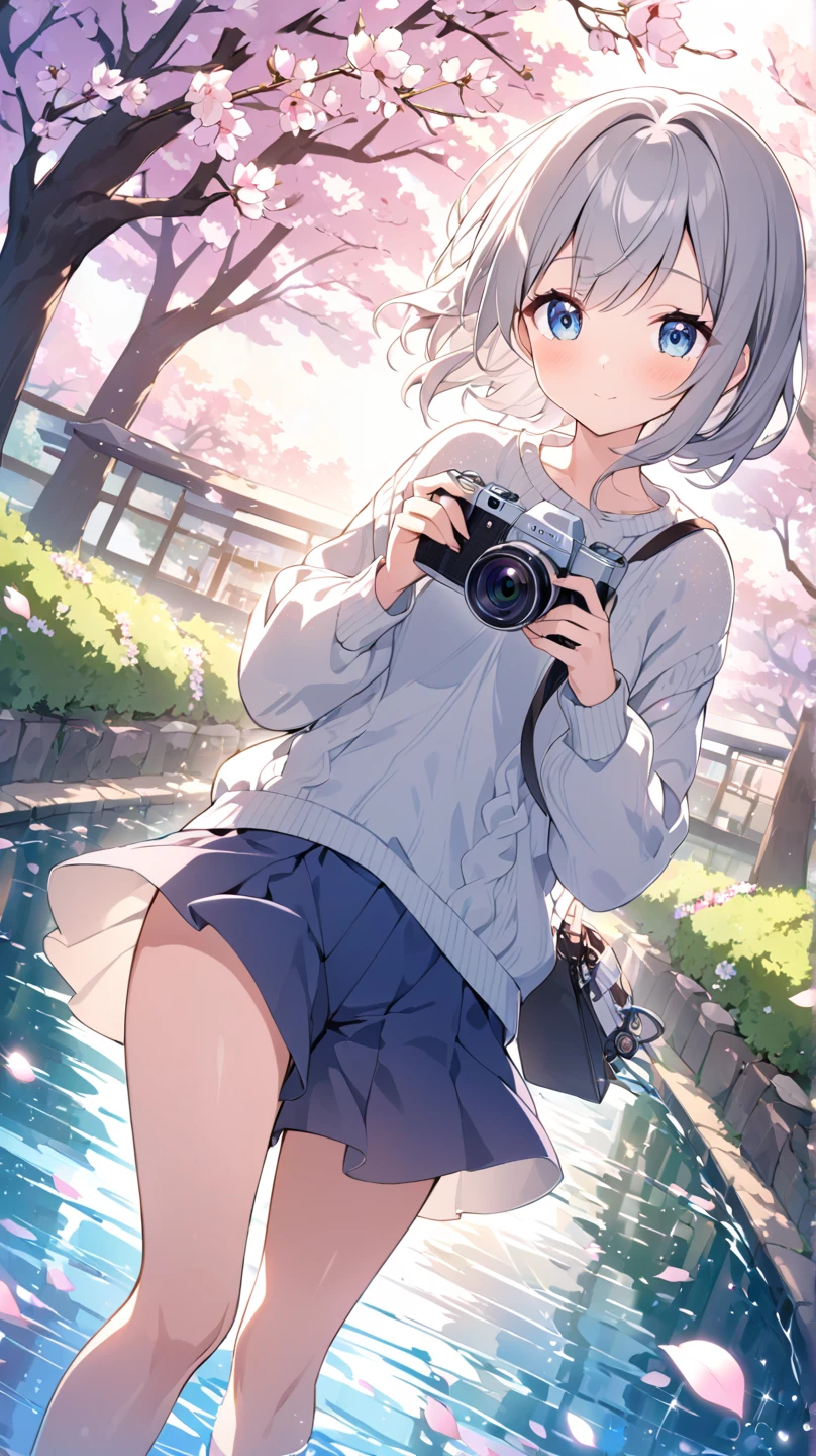 Outdoor,((the way)),, 1girl,Green Eyes, Grey Hair, hair ornaments, bangs, Virtual YouTuber, blunt bangs, Double Bang, Animal ears, Flat Chest,uniform,Navy Blue Blazer,White shirt,Pink ribbon,Grey Skirt,Pink Panties,White long socks,(Black low heels),I have a pink camera,Bring the camera closer to your face,squat,Hold the camera, :3