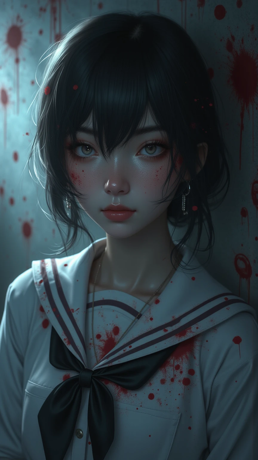 Scary girl,dishiveredhair,a sailor suit,Blood stains on the face
