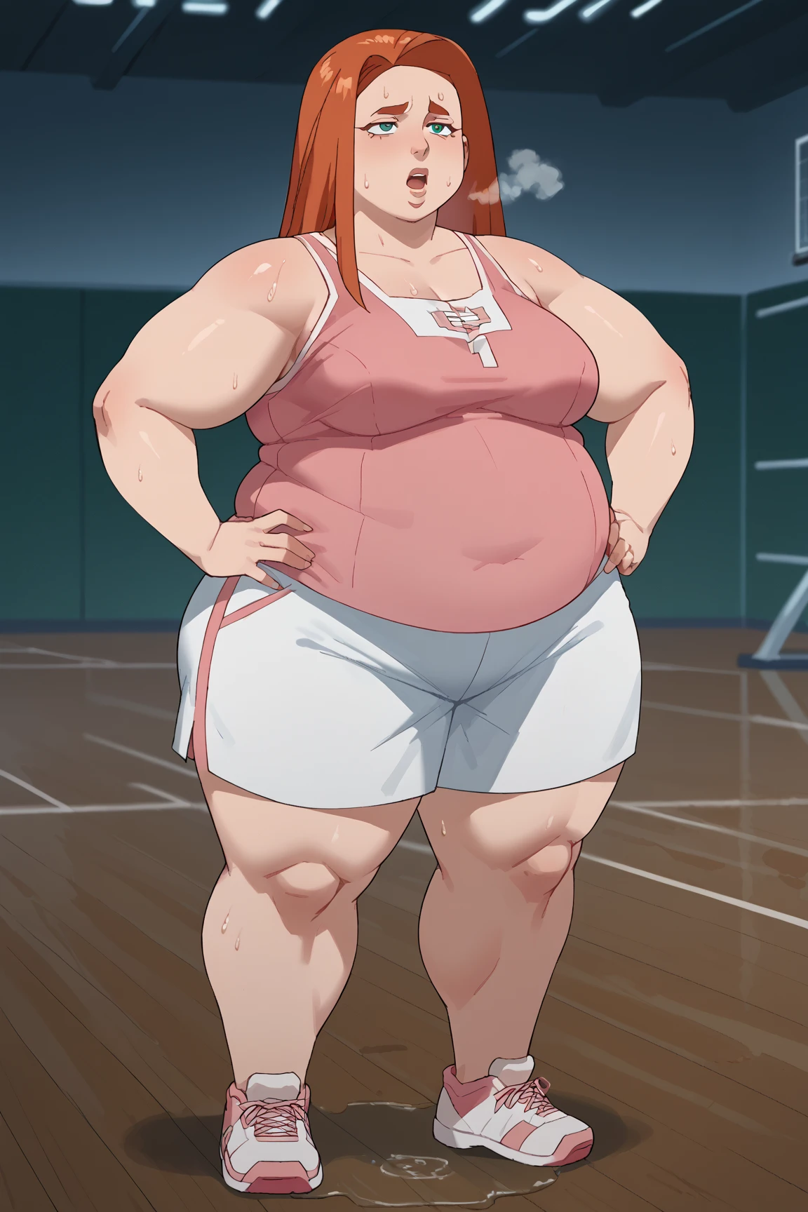 detailed illustration (side view),dynamic angle,ultra-detailed, illustration, pose for the camera, smiling at viewer, clean line art, shading, anime, 2020’s anime style, detailed eyes, detailed face, beautiful face standing on a sidewalk,
Cute girl, chubby girl, the fat friend, short red hair, white shirt, graphic t shirt, tight shirt, blue gym shorts, short shorts, tight pants, smiling, running, in a indoor track, tall, long legs, college age woman, beautiful, plump, fat,