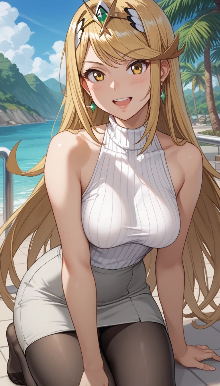 score_9, score_8_up, score_7_up, source_anime、top quality、8k、 masterpiece、ultra high definition、 natural light、perfect anatomy、 perfect eye、beautiful eyes、One Woman、Medium breasts、(saggy breasts)、mythra, yellow eyes, swept bangs, very long hair, blonde hair, headpiece, tiara, earrings, (((Grey sleeveless ribbed knit、 high neck、pencil skirt)))、black pantyhose、((embarrassing:1.5、 happy))、spring park、 stand and pose、full body shot