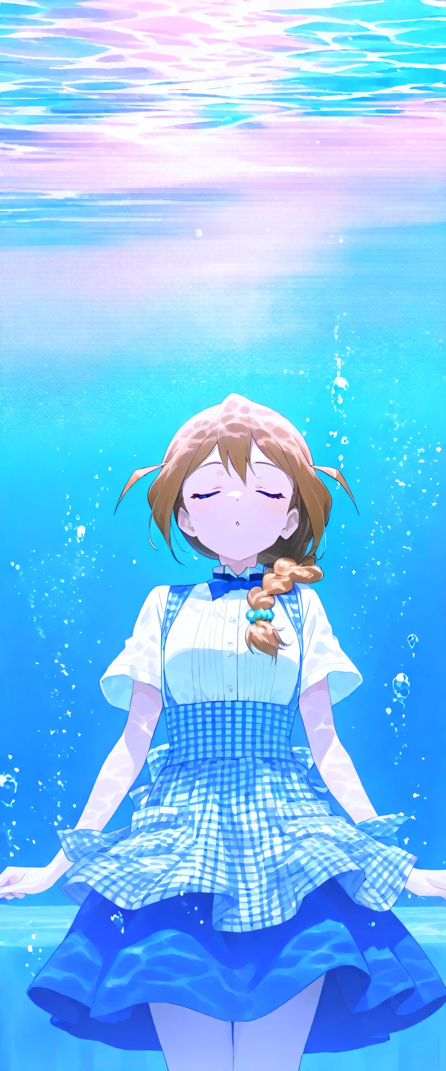 1girl ,Baba Konomi,The Idolmaster Million Live,masterpiece,Please redeem,Ultra-high resolution,rich contrast,Very high quality,8k,Highly detailed CG unit wallpaper,Texture,So ridiculous,RAW Photos,Highest quality anime,anime-style illustration,studio anime style,professional photograph,an extremely delicate and beautiful,Depth of written boundary 1.2,(beautiful girl:1.3), single braid,hotel bed,(((In the underwater room she is drifting))),(A huge rainbow candy:1.5),kobeya uniform,blue bow, blue bowtie, white shirt, short sleeves, blue skirt, Blue apron, gingham apron, employee uniform, high-waist skirt,Glowing Skin,Beautiful glossy lips,(underwater room illuminated by pink lights),watereffects,creating splashes,(with closed eyes),0__11Xx_illu