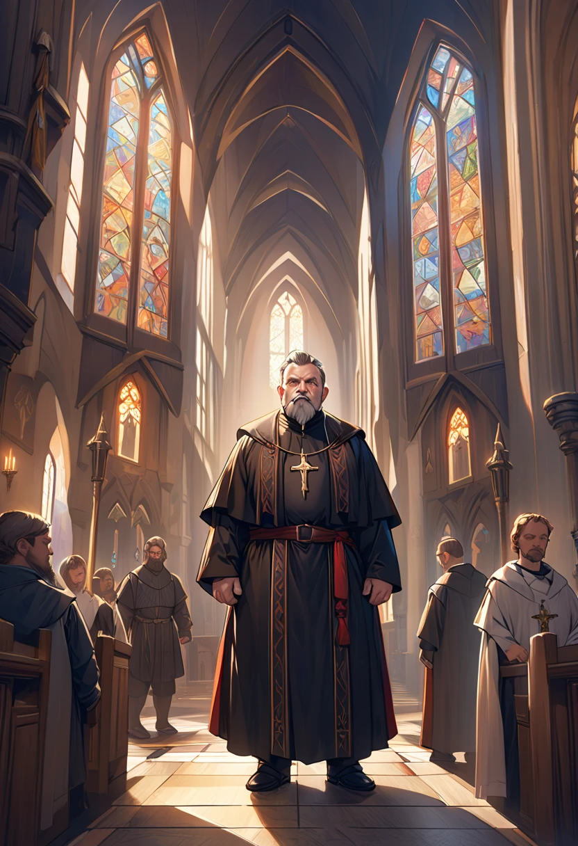 a drawing of a badass priest holding a revolver and a bible, inside church, wild west, a character portrait by Nína Tryggvadóttir, featured on deviantart, fantasy art, deviantart, artstation hd, digital illustration