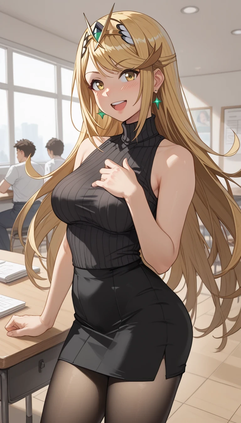 score_9, score_8_up, score_7_up, source_anime、top quality、8k、 masterpiece、ultra high definition、 natural light、perfect anatomy、 perfect eye、beautiful eyes、One Woman、Medium breasts、(saggy breasts)、mythra, yellow eyes, swept bangs, very long hair, blonde hair, headpiece, tiara, earrings, (((black sleeveless rib knit、 high neck、pencil skirt)))、black pantyhose、((embarrassing:1.5、 happy))、spring park、 stand and pose、full body shot