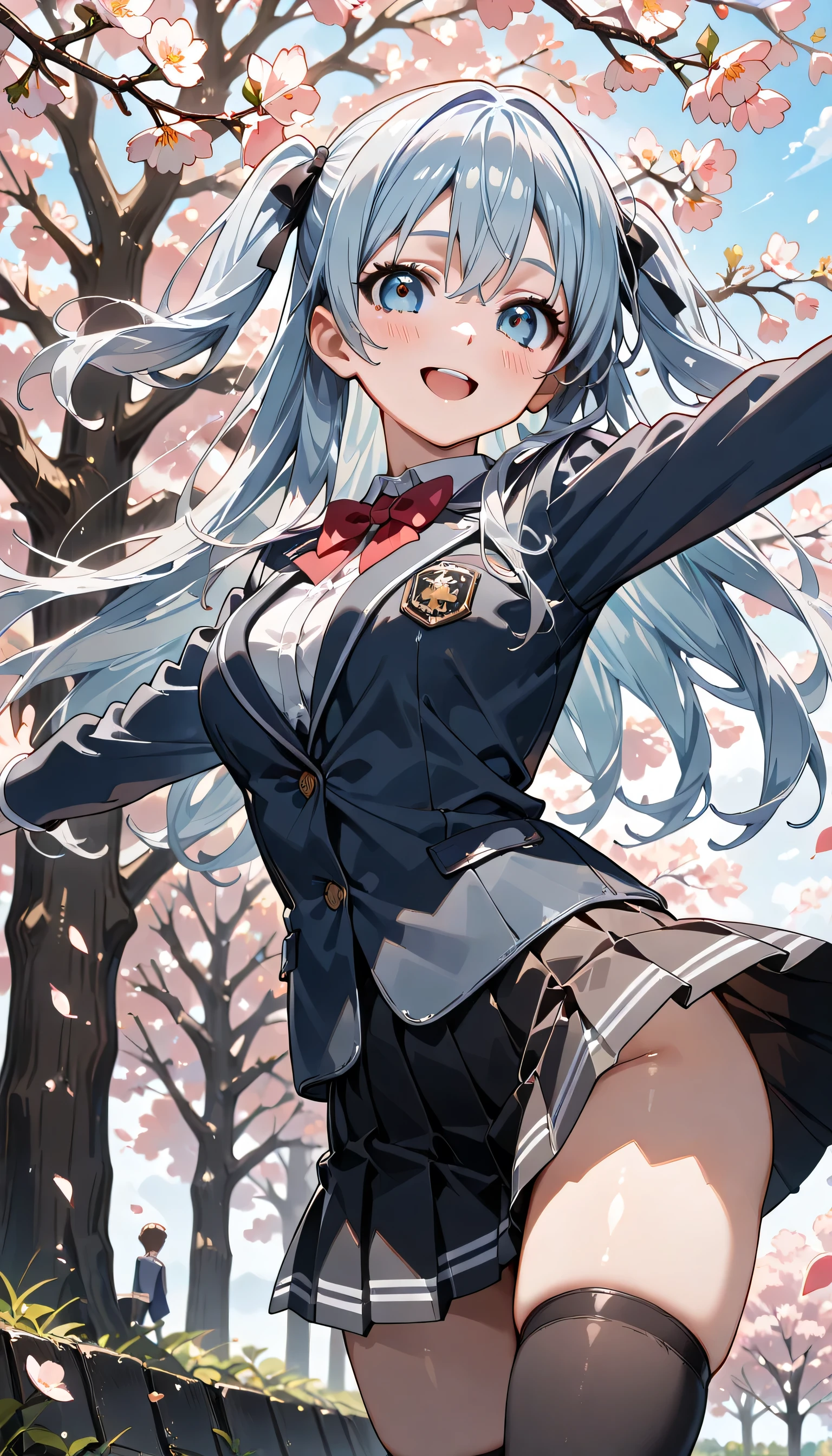 ((ultra-detailed)), (highly detailed CG illustration), (best quality:1.2), ultra-highly detailed, colorful composition, artistic photoshoot, 1girl, solo focus, ((thigh to top:1.4)), ((cowboy shot:1.4)), moe anime character, 20 years old girl, dainty facial structure, (baby face), (round face), ((rounded chin:1.2)), ((ideal ratio body proportions)), celia-default, celia claire, (blue eyes), sparkle eyes, ((silver hair color)), ((two side up)), (hair ribbon with red), ((hair is swaying in the wind:1.2)), ((smile:1.2)), ((blush1.2)), ((spread arms:1.2)), ample breasts, school uniform, navy blue blazer, modern style with fitted jacket, red neck bow, long sleeves white frilled shirt, navy blue pleated skirt, and black high socks, ((the wind lifts skirt)), from front, expecting, pink cheek, blush, light pink gloss slip, beautiful detailed sky, cherry blossom petals, cherry trees, row of cherry trees, breeze, petals dancing in the wind, shining sunlight shines, dynamic pose, contrapposto pose, best quality, masterpiece, portrait, depth of field, soft lighting, sidelighting, (shine), lighting, caustics, ray tracing, perfect face, lustrous skin, highly detailed face, highly detailed eyes, perfect face, perfect nose, perfect hair, perfect eyes, perfect anatomy, beautiful hair, beautiful small face, extremely detailed face, beautiful detailed eyes, beautiful clavicle, beautiful body, beautiful ample breasts, leavage, breasts squeezed together, equalize the size of the left and right breasts, beautiful thin thighs, beautiful legs, beautiful fingers, 4 fingers, 1 thumb, lovely, (very detailed background:1.0), (highly detailed background:1.0), spring aesthetic, intricate details, enjoy the performance atmosphere, spring colors palette, chromatic aberration