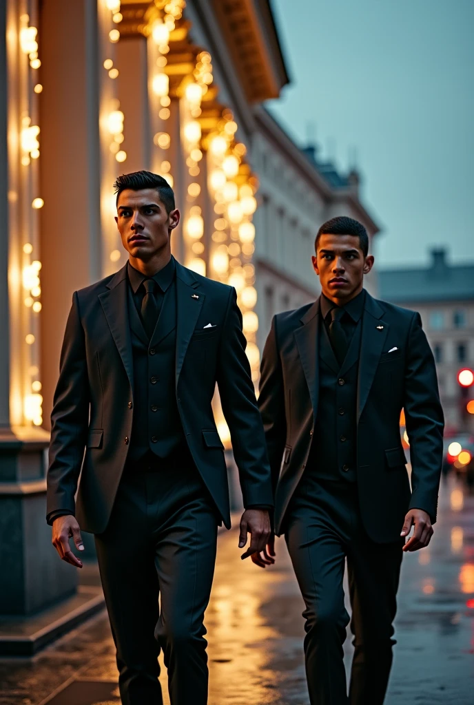 A muscular girl in a sports bra leads a skinny short boy in a long coat and trousers walking down the street, girl holding boy's hand, high quality, 8k, outdoor natural light, sense of humor, sense of dislocation, funny