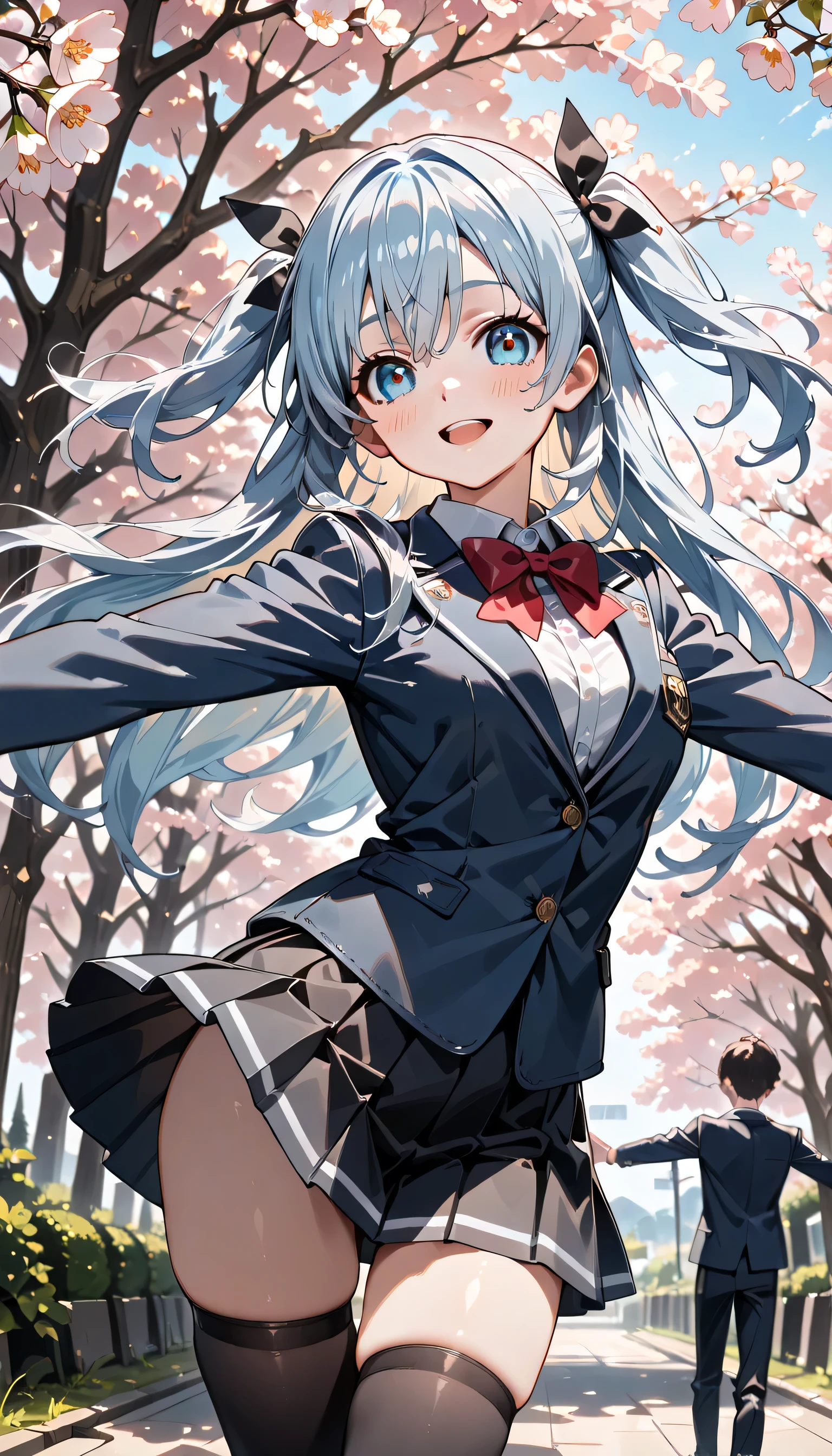 ((ultra-detailed)), (highly detailed CG illustration), (best quality:1.2), ultra-highly detailed, colorful composition, artistic photoshoot, 1girl, solo focus, ((thigh to top:1.4)), ((cowboy shot:1.4)), moe anime character, 20 years old girl, dainty facial structure, (baby face), (round face), ((rounded chin:1.2)), ((ideal ratio body proportions)), celia-default, celia claire, (blue eyes), sparkle eyes, ((silver hair color)), ((two side up)), (hair ribbon with red), ((hair is swaying in the wind:1.2)), ((smile:1.2)), ((blush1.2)), ((spread arms:1.2)),  ample breasts, school uniform, navy blue blazer, modern style with fitted jacket, red neck bow, long sleeves white frilled shirt, navy blue pleated skirt, and black high socks, ((the wind lifts skirt)), from front, expecting, pink cheek, blush, light pink gloss slip, beautiful detailed sky, cherry blossom petals, cherry trees, row of cherry trees, breeze, petals dancing in the wind, shining sunlight shines, dynamic pose, contrapposto pose, best quality, masterpiece, portrait, depth of field, soft lighting, sidelighting, (shine), lighting, caustics, ray tracing, perfect face, lustrous skin, highly detailed face, highly detailed eyes, perfect face, perfect nose, perfect hair, perfect eyes, perfect anatomy, beautiful hair, beautiful small face, extremely detailed face, beautiful detailed eyes, beautiful clavicle, beautiful body, beautiful ample breasts, leavage, breasts squeezed together, equalize the size of the left and right breasts, beautiful thin thighs, beautiful legs, beautiful fingers, 4 fingers, 1 thumb, lovely, (very detailed background:1.0), (highly detailed background:1.0), spring aesthetic, intricate details, enjoy the performance atmosphere, spring colors palette, chromatic aberration
