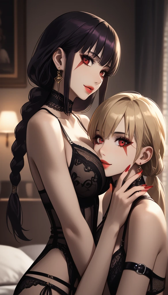 Realistic、2 girls、taking selfies、Kiss、The exposed skin of the nipples secretes saliva. Both breasts are close to each other.、Keep it close to your body、Looking Up、Sexual