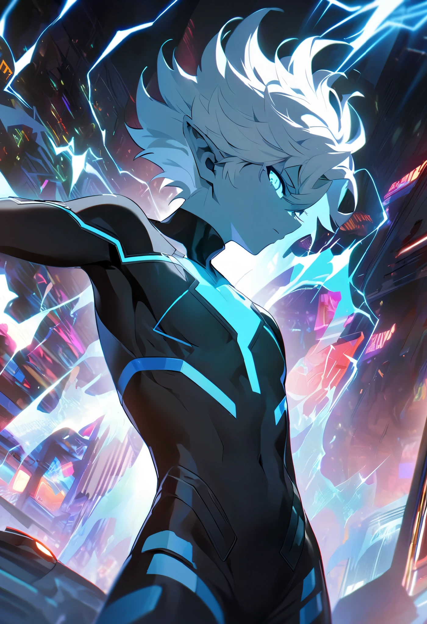 A alien adolescent boy, 14, age boy, no facial hair (no beard, no goatee), slim adolescent build, and boy's proportions. Translucent pale cyan-blue skin glowing faintly, pointed elven ears. Boy with short white hair. Boy with short hair. Boy with white hair. Futuristic cyberpunk attire: sleek black bodysuit with glowing blue circuitry and dynamic white lightning-bolt patterns cascading. Crackling electric energy radiates from his entire body, hands, eyes, and hair surging with thunder arcs. Background: neon-drenched dystopian cityscape with electric storms, various of lightning spark dazzling around.