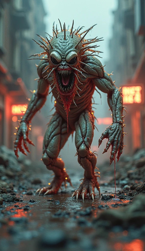 The monster resulting from death in a high-speed car accident would have a terrifying and distorted appearance, reflecting the brutal impact of his death.
**General appearance:**
The creature has a humanoid shape, but its proportions are completely deformed due to the force of the impact. His limbs are twisted unnaturally, as if the bones had broken and reconfigured in a grotesque way. The skin is torn and crushed in several areas, displaying a burnt and skinned appearance, with friction marks, as if it had been dragged across the asphalt.
**head:**
The monster's head is partially crushed and elongated, with a flatter side, as if it had been pressed against a hard object. One of the eyes is out of the socket, hanging by a nerve, while the other is bloodshot and filled with a glazed, insane gaze. The mouth is stretched in an eternal scream of pain, with broken and disorganized teeth.
**torso:**
The chest is flattened and shattered, with visible and twisted ribs, some piercing the skin. The spine is visibly displaced, and pieces of metal and glass are embedded in the flesh, still bleeding supernaturally, with small drops of dark, viscous blood.
**members:**
The monster's arms and legs are elongated and disproportionate., with joints turned in the wrong directions, as if it had been projected out of the car. One of the hands is partially destroyed, with crushed fingers, while the other hand has a rigid grip, as if holding something at the moment of impact. The feet look twisted, with exposed and visible bones.
**Additional Detail:**
The creature exudes a smell of gasoline and burnt metal., and your skin emits a ghostly greenish glow, reflecting the headlights of a car. There may be windshield fragments embedded in your flesh, that sparkle as they move. The monster makes sounds of tires screeching and metal being twisted, mixed