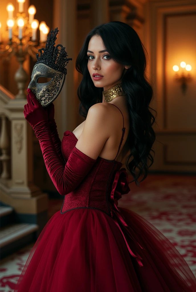 full body photo of a vampy, voluptuous Israeli woman. 3. Neck length 1950s style dark auburn hair pulled up. light blue eyes. Evening makeup. black eyeliner. rich red painted lips. hint of freckles. Wearing long elegant red winter weight ball gown with tight, switched waist. Long tight white satin opera gloves. art deco sapphire bracelet. matching necklace. Standing in art nouveau living room of old mansion in Cleveland. night. Holding clutch. eye contact. loving smile and expression. offering her hand