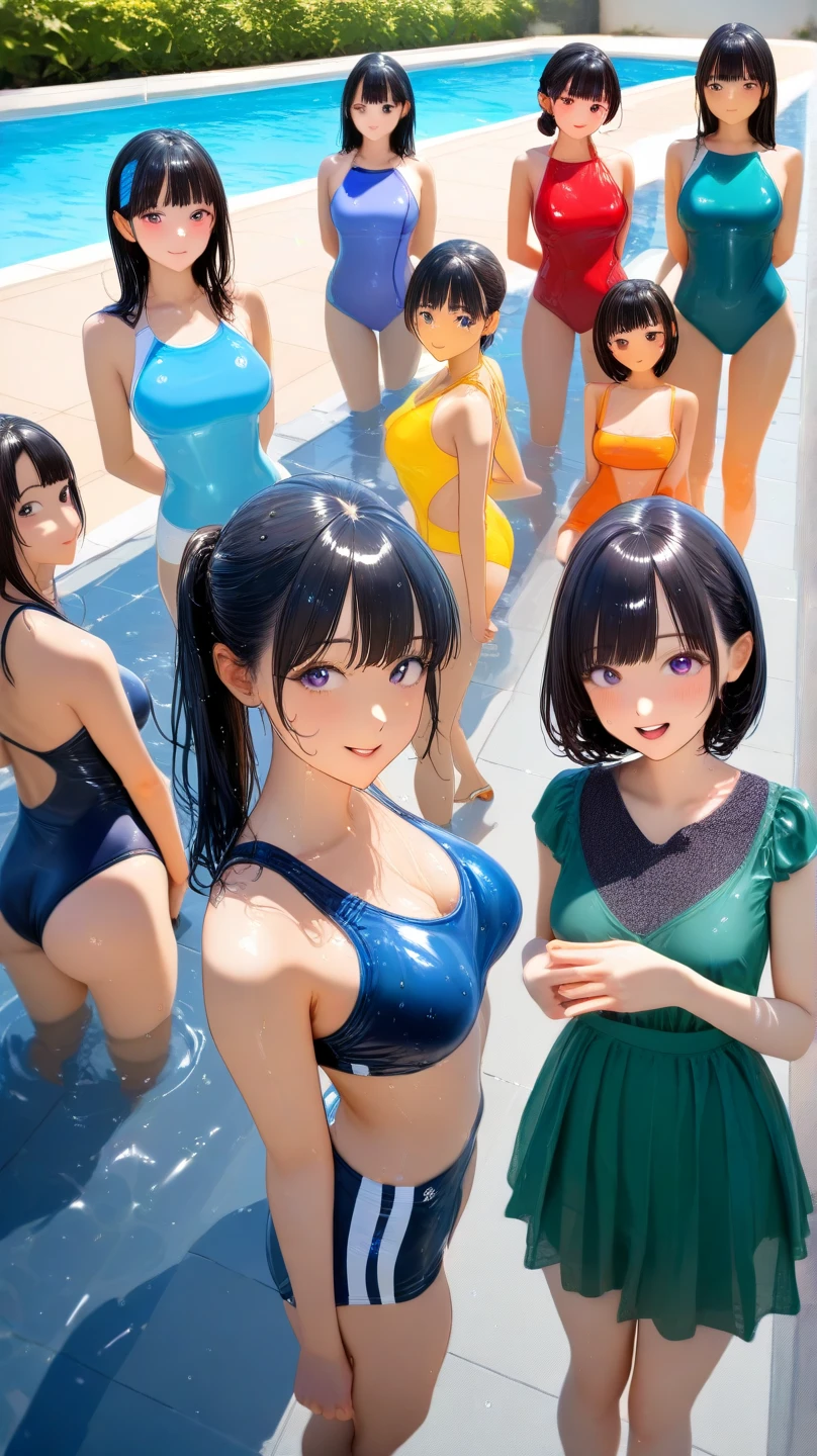 ((Highest quality、masterpiece、8K、Realistic、超High resolution、Very delicate and beautiful、High resolution、Cinema Lighting))、((Three Women:1.9))、【(The first was、Long blonde hair、blue eyes、I'm wearing a pink bikini。) (The second person is、Short black hair、Green Eyes、I'm wearing a blue swimsuit。) (The third person is、Wavy brown hair、Brown eyes、Wearing sporty swimwear。):1.8】、They are all、Laughing happily、We have a good time together。In the background there is a clear blue sky and green trees々is spreading々i can see、The pool is filled with refreshing blue water.。