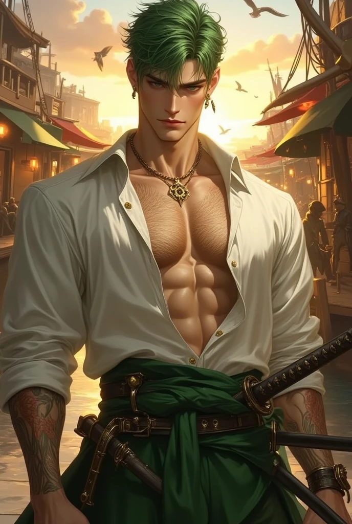 Handsome, 1 man, alone, black kimono, tanned skin, muscular, big muscle, smirk, green hair, empty background