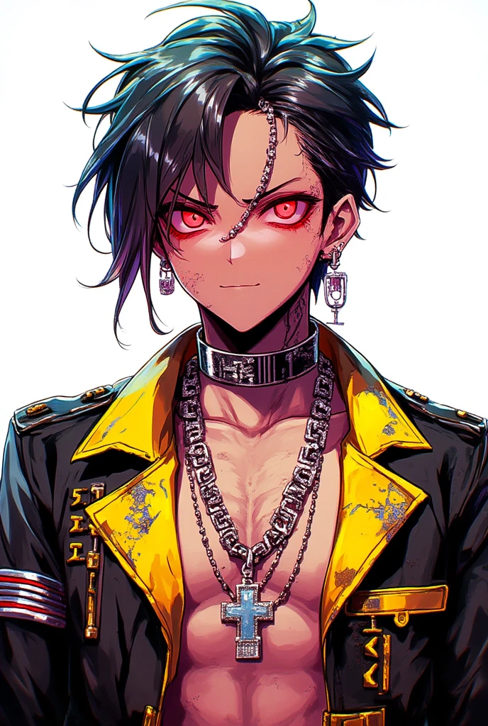 dead inside, split hair yellow black teenager 16, bright beautiful eyes, gangsta golden chain, vomitboy haircut, hair on both sides black and yellow, split black / yellow hair, messy spiked yellow hair, handsome guy, 16 years old, long hairstyle, gold chain, Slavic appearance, simple style, hoodie