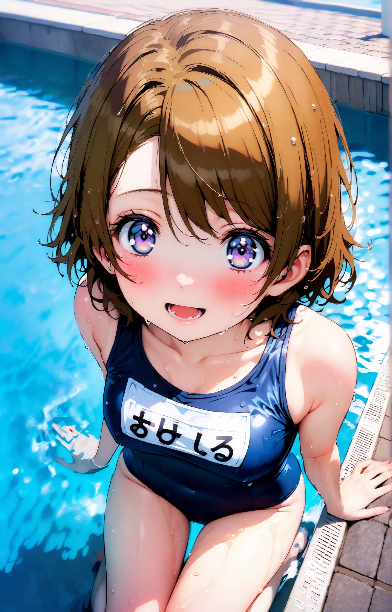  Hanayo Koizumi, short hair, brown hair, purple eyes,smile,blushes,open their mouths,old school swimsuit, school swimsuit, blue one-piece swimsuit, one-piece swimsuit, name tag, swimsuit, Belly button cover, wet swimsuit, collarbone,,  poolside,  pool, Splash,wet skin,wet hair,Submersion,noon,full bodyがイラストに入るように,break outdoors, 学校 pool,
break looking at viewer,full body,
break (masterpiece:1.2),top quality , kampala, Unity 8K Wallpaper ,(shape:0.8),(  fine, beautiful eyes  :1.6),It's a person ,full body写真,CG Details , (perfect hands with full nudity,complete anatomy),