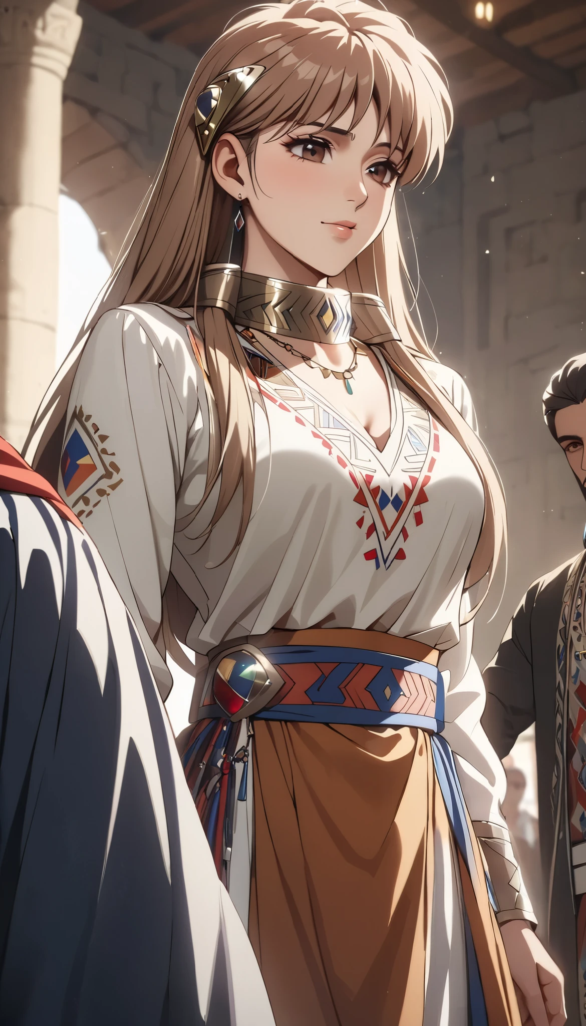 ((top quality)), ((masterpiece)), ( details), （perfect face）、 that woman is Princess Leona , medium length light brown hair、and an engagement ring、beautiful woman、 The woman is a beautiful Armenian man wearing an Armenian national costume.