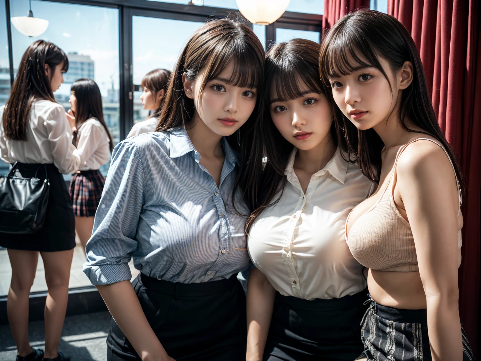 (8K, RAW Photos, Highest quality, masterpiece:1.2), (Realistic, photo-Realistic:1.37), Super detailed,
Three girls chatting happily,cute,Beautifully detailed skies,Detailed cafe,(smile:1.1),,Big Breasts, seductive smile, Wide opening, Professional Lighting, Sony A7R4, Zesse 50mm F1.8,
Beautiful fine details,(Collared shirt:1.1), bow tie,Pleated skirt, peek panties, Panty shot、Train_women sitting_chair under_skirt underwear panties_visible pantyshot glowing thighhighs, K-Pop idol, Korean cute girls, mascara, eye liner, shiny-lips, random hair style, cleavage, cameltoe,