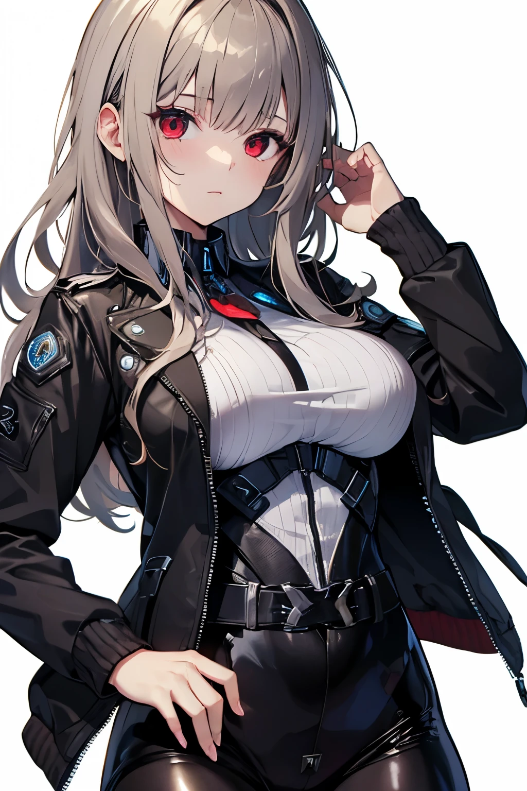 long unkempt gray hair、 empty red eyes、pantyhose、age Girl、tactical vest、((tech wear jacket、and buckles))、((extremely large breasts))、sexy、anime style、high image quality、high quality