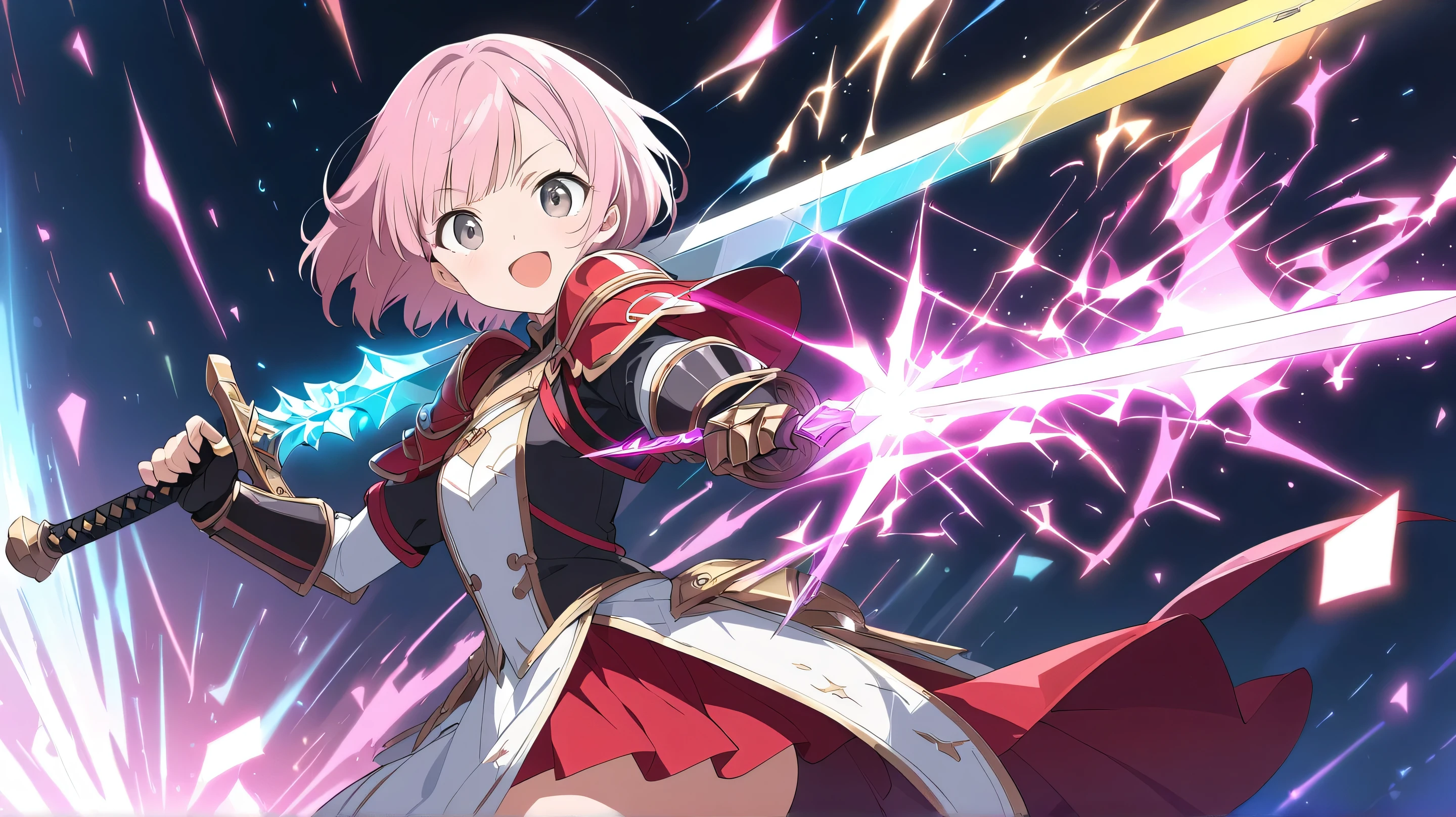 Source Anime,full body, dynamic angle、 (Masterpiece), (Best Quality)), (Very Detailed), ((Cute)), (Amazing), (Detailed)), 4K, (8k), Highest Quality , (beautiful), perfect anatomy, ((perfect hands)), (perfect fingers)
ultra-definition depiction,
break
(( 1girl )), 16's years old, pink hair、snappy bangs、Fair skin、round face, ((grey eyes)), open mouth, cute eyes,
BREAK
a pink short haired female swordmaster, red skirt, white bustier, gauntlets, beautiful smile, fighting pose, atttack stance, ascii art, lens flare, glowing sword, luminous dress armor, shining sword, Neon Aura, high contrast