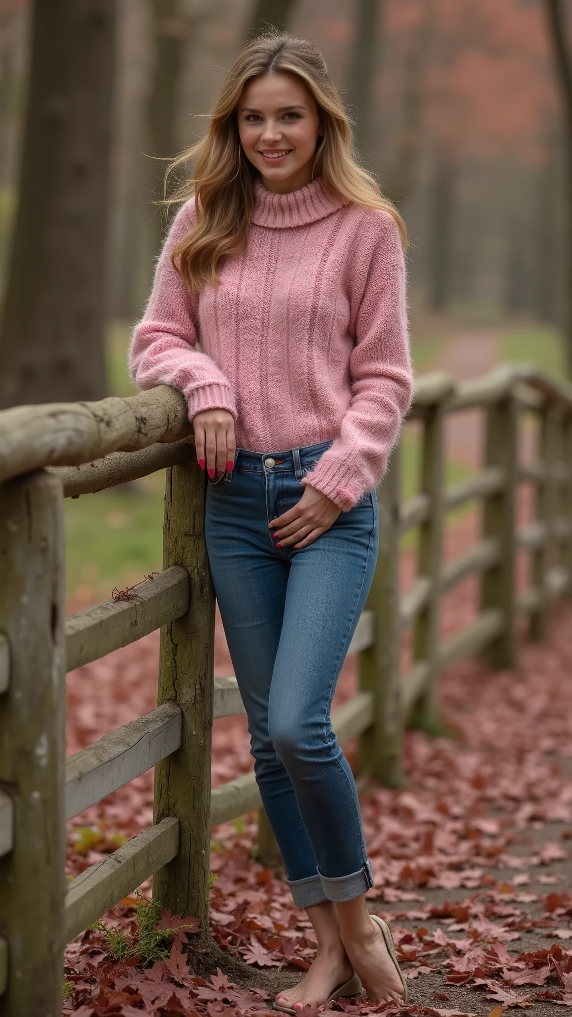 High quality detailed photo of young nice european woman leaning on a fence in a pink sweater and jeans, wearing sweater, in pink forest, casual pose, wearing casual sweater, attractive pose, wearing a sweater, pink and grey muted colors, standing in the forrest, standing in the forest, in front of a forest background, enjoying a stroll in the forest, red sweater and gray pants