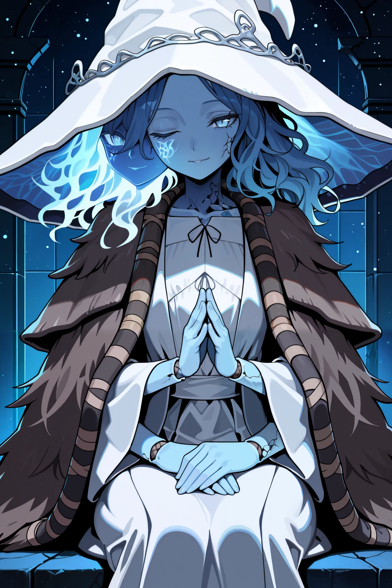masterpiece,best quality, amazing quality, very aesthetic,anime screencap,1girl, RnnDef, blue eyes, one eye closed, blue hair, wavy hair, (4 arms:1.2), extra faces, ghost face, blue skin, colored skin, cracked skin, doll joints, witch hat, large hat, white headwear, white dress, long sleeves, wide sleeves, fur cloak, brown cloak, sitting, own hands together, seductive smile, night, dark enviroment, high contrast,