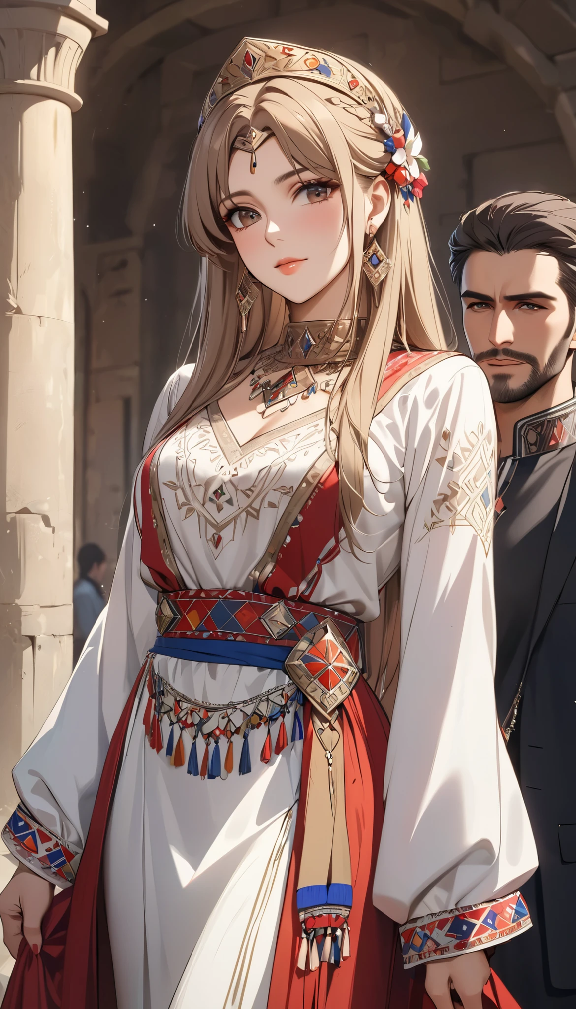 ((top quality)), ((masterpiece)), ( details), (perfect face)、 that woman is Princess Leona , medium length light brown hair、and an engagement ring、beautiful woman、 The woman is a beautiful Armenian man wearing an Armenian national costume.