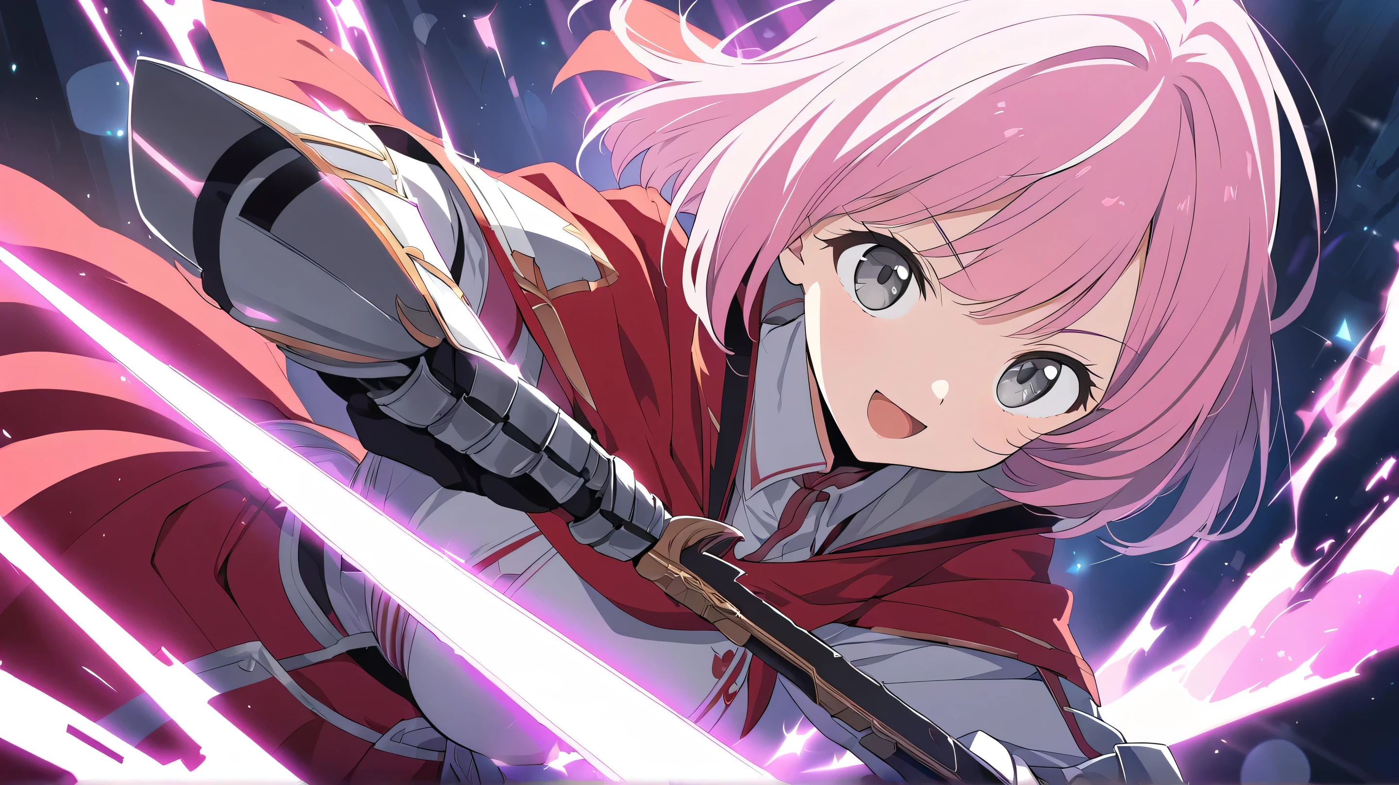 Source Anime,face focus, dynamic angle、 (Masterpiece), (Best Quality)), (Very Detailed), ((Cute)), (Amazing), (Detailed)), 4K, (8k), Highest Quality , (beautiful), perfect anatomy, ((perfect hands)), (perfect fingers)
ultra-definition depiction,
break
(( 1girl )), 16's years old, pink hair、snappy bangs、Fair skin、round face, ((grey eyes)), open mouth, cute eyes,
BREAK
a pink short haired female swordmaster, red skirt, white bustier, gauntlets, beautiful smile, fighting pose, atttack stance, ascii art, lens flare, glowing sword, luminous dress armor, shining sword, Neon Aura, high contrast