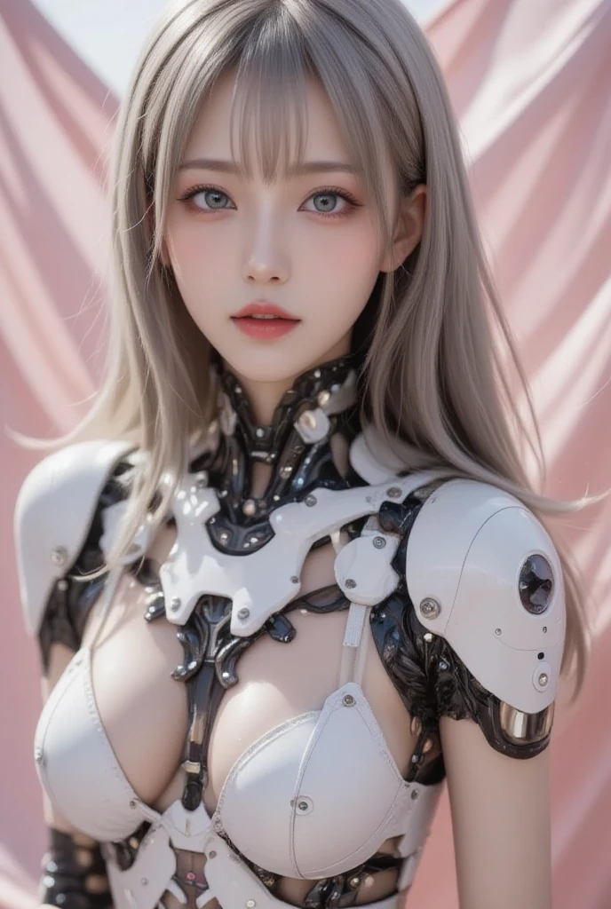 highest quality、masterpiece、ultra high resolution、(Photoreal:1.4)、RAW photo、1 girl、black hair、(((Colorless transparent latex in the shape of a gorgeous woman forming the body:1.4)))、(((rawhide:1.4)))、(((Large silver plated metal nipples:1.4)))、(((Silver mirrored metal bones seen through latex):1.4)、((Super realistic details))、portrait、global illumination、Shadow、octane rendering、8K quality、super sharp、((All mechanical metals are mirror silver plated.:1.4))、white mechanical skeleton、blood vessels in the tube、very intricate details、realistic light、Trends in CG society、purple eyes、shining eyes、towards the camera、neon details、(Mechanical ribs)、mechanical spine、sit on top、Wires and cables connecting to the head、gundam、small led lamp、(purple lighting from behind:1.2)、
