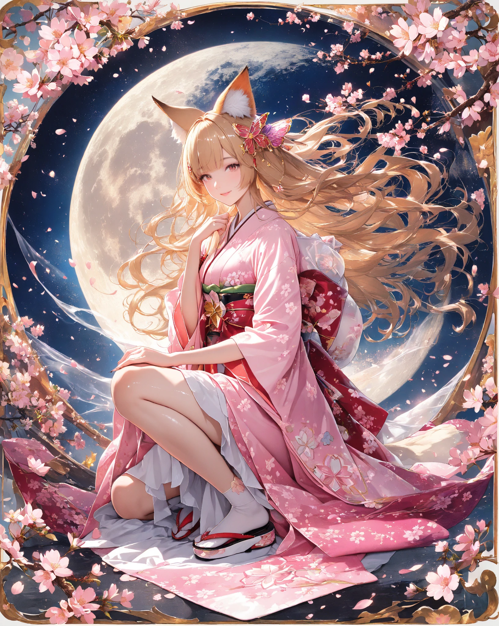 Style:masterpiece, best quality, ultra-detailed, 32K, anime style, official art,vibrant colors, detailed background, translucent。
theme:
(An 18-year-old beauty wearing a kimono),(beautiful face with a profound smile,listless expression),(golden hair, fox ears,fox tail,long hair,shiny hair, Silky Hair Texture,Flowing Hair,Wavy Hair, circle of angels in dark,Airy hair),(Natural hand pose,Realistic hand anatomy,Realistic hand texture,delicate fingernails, Clear finger joints ),(supple and curved proportions of weeping cherry blossoms at night, Clear Skin,smooth knee line,natural leg line)。
costume:
(light purple furuncles,shiny fabric up to the knee,silky texture,Smooth Drape:1.1),(cute sandals,Are you wearing sakura-patterned socks), (Cherry Blossom Patterned Sack Belt,Gold Thread Silver Thread Decor), (Pastel Pink Obi,Crimson Belt),(hair ornament with a moon motif, sparkling on a fantastic night , hair ornament with sparkling stars, Cherry blossom colored hair ornament, glass hair ornament,clear material,hair ornament that reflects light,butterfly wing hair ornament, hair ornament that flutters in the wind)。
background:
( Milky Way,Jet black night sky ),(Cherry blossoms weeping at night ,Weeping cherry blossoms in full bloom,A large number of cherry blossom petals fluttering down in the wind),(The ground sprinkled with cherry blossoms),(Fushimi Inari Taisha at night:1.1)。
