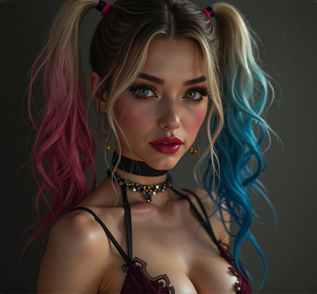 celebrity photo, brut, belle femme, ((portrait)), ((detailed face, colorful rainbow hair:1.2)), ((detailed facial feature, detailed skin, peau propre, parted lips), (corps parfaitement proportionné, seins moyens, side boobs), (revealing clothes), Armure d'épaule, bondage en dentelle et velour, Jupe en cuir, Brassards, armored waders, pointes: 1.5)), (high detailed garden environment, his side for us, side view, regarder le spectateur: 1.3), (Realistic photo, Best quality, detailed),