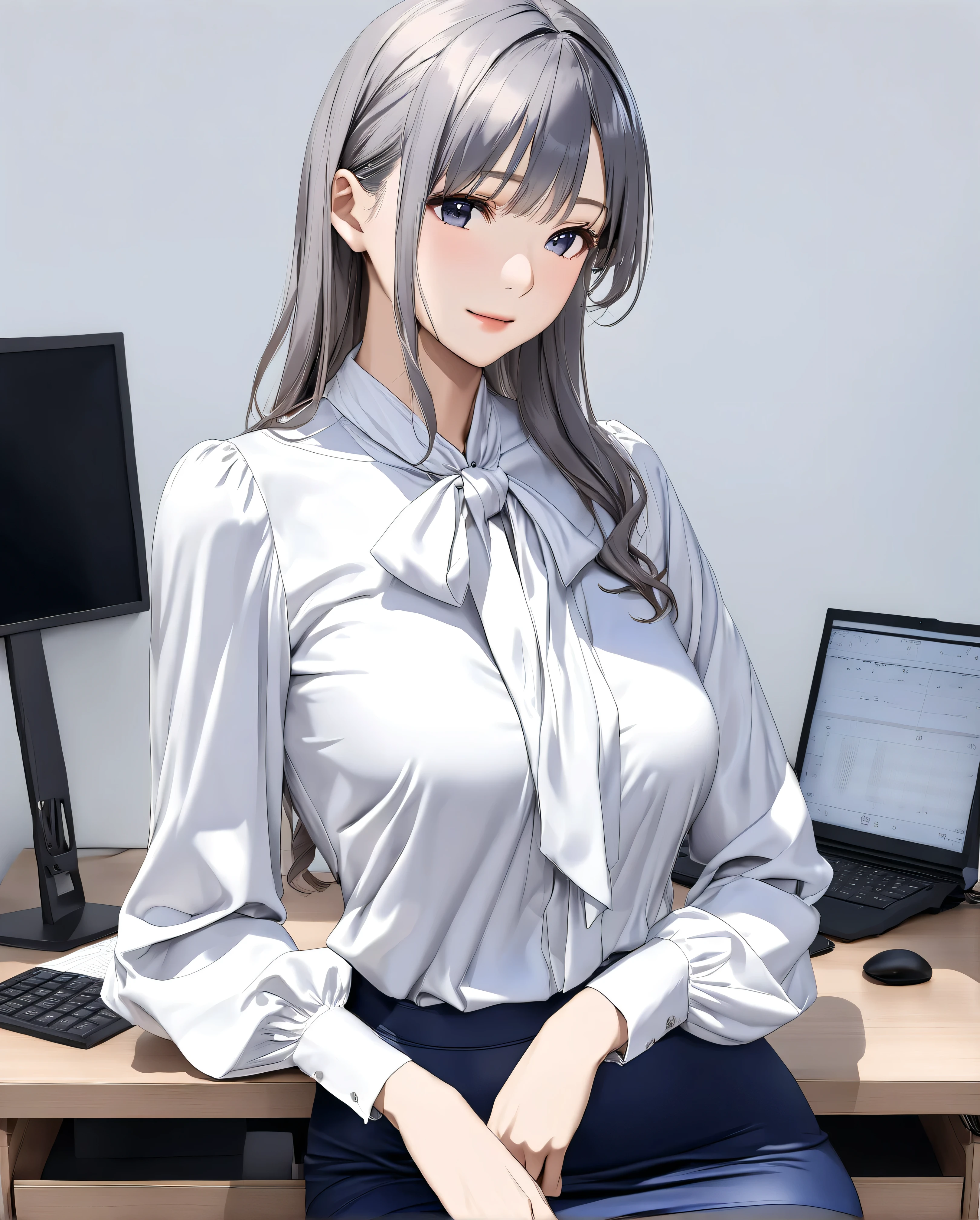 bow blouse, anime - style image, a woman sitting on a desk in the office room, Realistic body structure, A body with perfect style, (((shiny classical and office style white tie-neck blouse))), (((white office style classical tie neck))), seductive anime girl, 8k, Score_9, Score_8_up, Score_7_up, realistic office lady, long sleeves blouse, A realistic blouse, fine details, One-piece tie neck, attractive anime girl, Symmetrical ribbon, hyper-realistic office lady, smooth anime CG art, beautiful anime office lady, The bow tie is meticulously tied in a perfect, bow tie with large loops ribbon, the ribbons are slightly curled at the ends, The knot of the bow tie is meticulously detailed, showing the intricacies of its construction, Subtle shadows define the contours of the bow and the delicate folds of the ribbons, anime visual of a cute 26-old woman, from "girls frontline", (((navy blue mini tight skirt from H&M))), the tight skirt non-glossy polyester, There is no color other than navy blue in the skirt