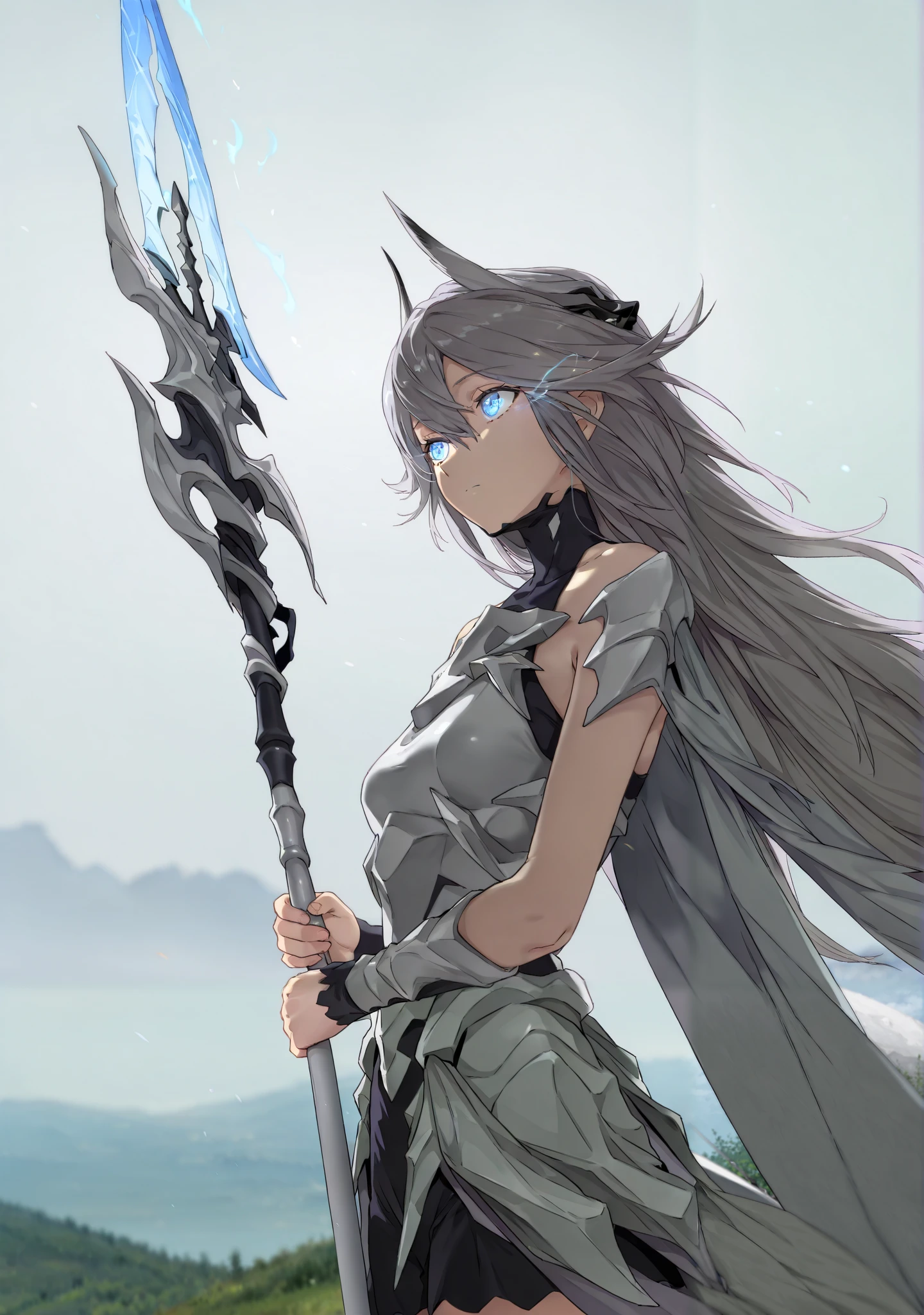 by [arknights|(748cmstyle:0.5)], mature, young adult, masterpiece, best quality, amazing quality, very aesthetic, high resolution, ultra-detailed, absurdres, newest, scenery,
1girl, woman, solo, alone, single character, (side shot, action shot, upper body focus, cowboy shot:1.0), Bella, Bel_Stigmata,glowing eyes, blue eyes, gray hair, grey hair, hair between eyes, long hair, greco-roman clothes, ancient greek clothes, Dragon wings, Blue Eyes White Dragon, armor, white armor, ice magic, ice and thunder, light trails, dragonborn, draconic armor, scale armor, short skirt cape, (dragon spear, long lance:1.33)
BREAK, depth of field, volumetric lighting
 