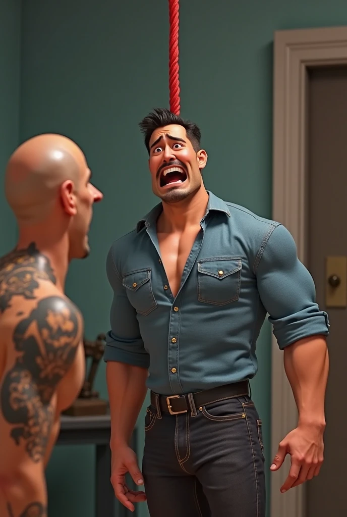 Handsome muscular shirtless brown haired man laughing standing in front of a metal pole, hands above head and handcuffed to the pole with stationary_restraints , metal rods with circular brushes touching his armpits and brushing his armpits