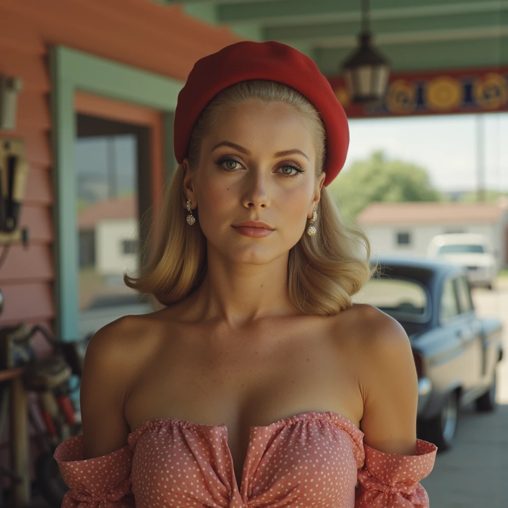 (blonde:1.2) woman, 50's 1950's rockabilly swing ballerina pinup model, 50's bobby pinned wavy greased hair toupee hairspray, (holding dress with hands:1.4), gas station, 50's cafe, next to a shiny Neon Red(car:1.2), (motorcycle:1.2), venice beach landscape, 50's swing dance, short open black leather rockabilly jacket, 50's rockabilly white halter swing short dress, 8k, extremely detailed raw photo, fine art photography, Fujifilm XT-4 Viltrox, medium wide shot portrait, (standing), necklace, ((red) bow with white polka dots)), red heart shaped earrings, lipstick, ((legs)), blush cheeks makeup, best quality, hdr, high contrast, cinematic lut, (sharp focus), (extremely detailed skin texture pores, skin hair, film grain), shadows, bright sunny sky, masterpiece best quality, (pretty, beautiful, lovely, very happy, feminine, cute, sexy, sweet, cheerful, in love:0.5), (romantic, loving, adorable, nice, tender, chic:0.3), <lora:Detail Tweaker LoRA add_detail:0.7> <lora:depth_of_field_slider_v1:5> <lora:SDXLrender_v2.0:0.8>