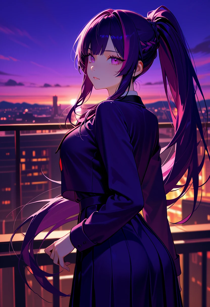 1girl, purple hair,  pink eyes, wearing purple casual outfit, city night, absurdes, high res, ultrasharp, 8K, masterpiece, looking at viewer