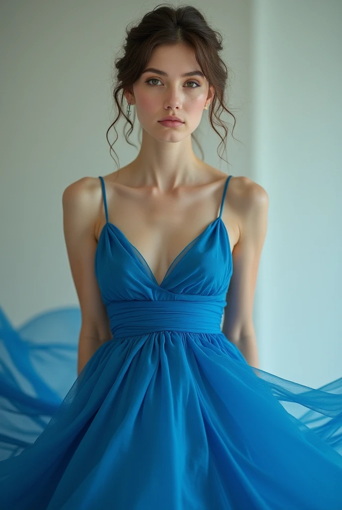 Create a short dress that you wear around yourself (type a coiled snake, but not in the form of a snake but wide sky-blue waves) which starts from the bottom and expands to the top ending at the bust part of the dress, The dress would be lower in blue than the sky blue and would have a horizontal cut in the middle up to the waist area., Behind it will be a whitish transparent fabric 