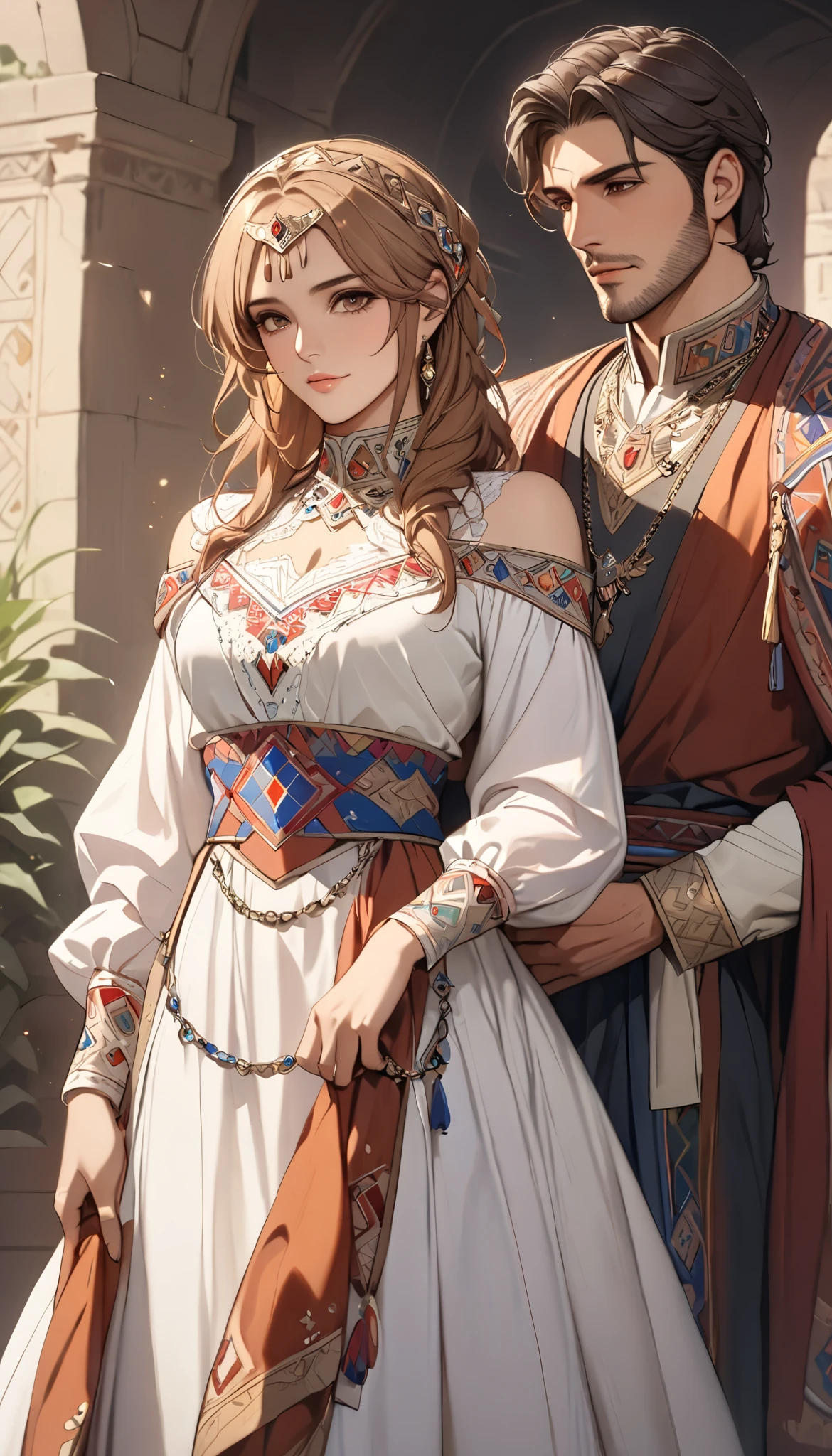 ((top quality)), ((masterpiece)), ( details), (perfect face)、(((One woman)))、 that woman is Princess Leona , medium length light brown hair、and an engagement ring、beautiful woman、 The woman is a beautiful Armenian man wearing an Armenian national costume.