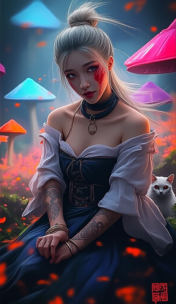 A fantasy digital art portrait in a magical mushroom forest, featuring a young woman with flowing pastel rainbow hair and a corset dress with puff sleeves. She has ornate tattoo-like patterns on her arms, and wears a choker necklace. The scene is illuminated by glowing blue orbs among giant colorful mushrooms in pink, orange, and purple hues. A white cat with bright eyes sits beside her. The artwork has a dreamy, ethereal quality with rich colors and magical atmosphere, rendered in a detailed digital painting style.